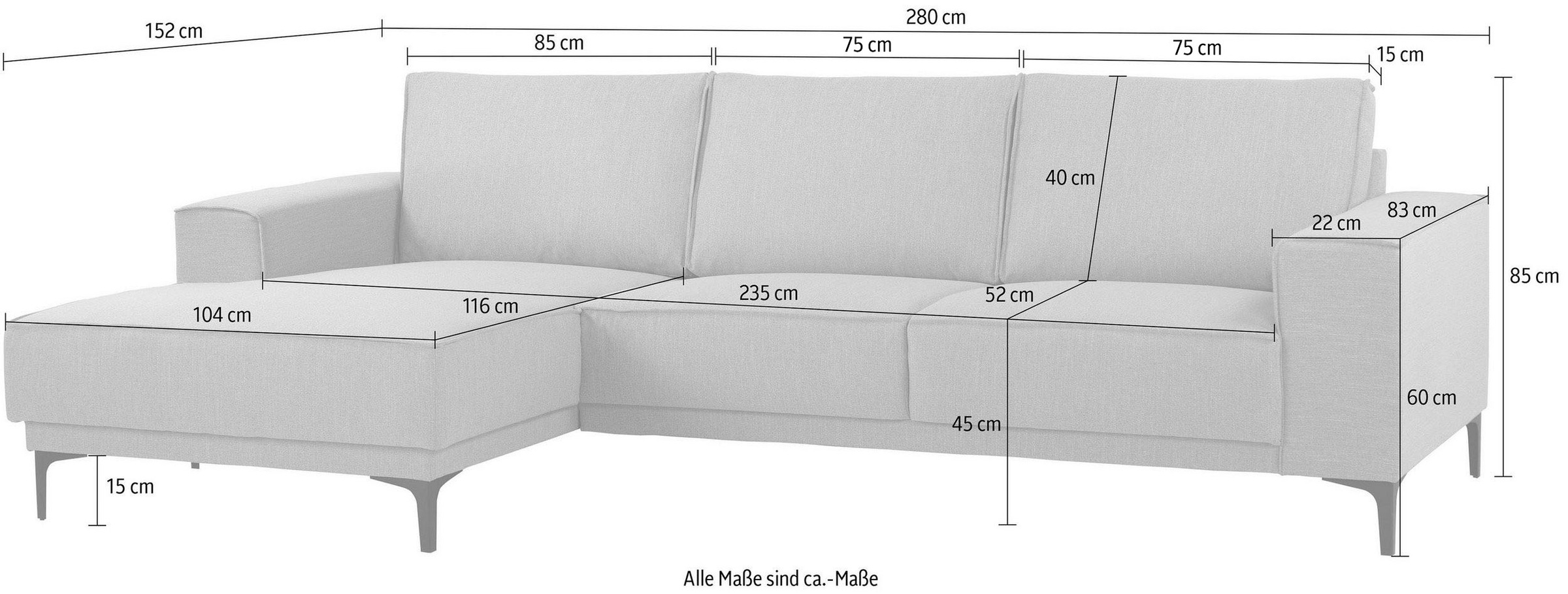 Places of Style Ecksofa »Oland«, 280 cm, im zeitlosem Design und hochwertiger Verabeitung