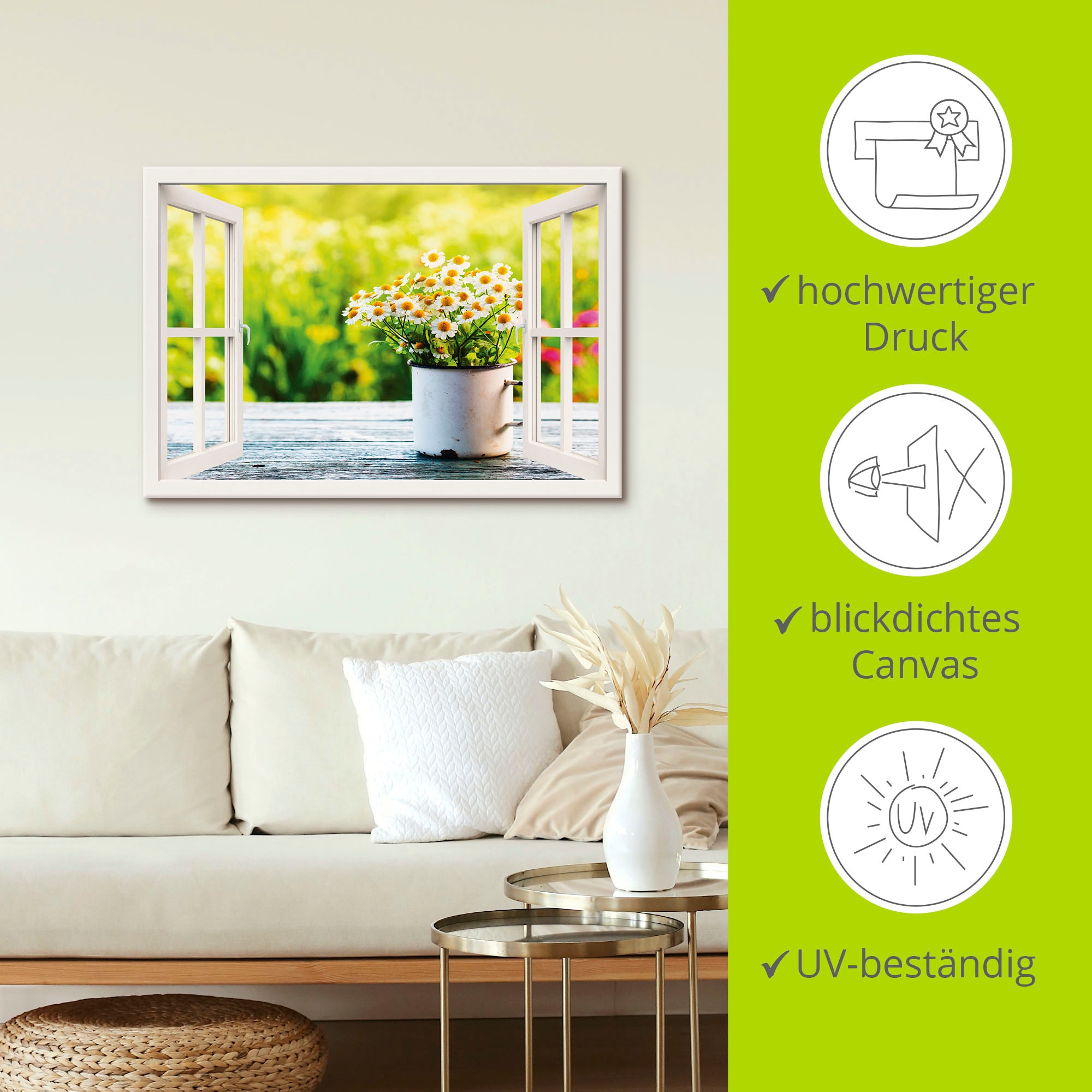 Artland Wandbild »Fensterblick Garten mit Gänseblümchen«, Blumen, (1 St.), als Alubild, Outdoorbild, Leinwandbild, Wandaufkleber, versch. Größen