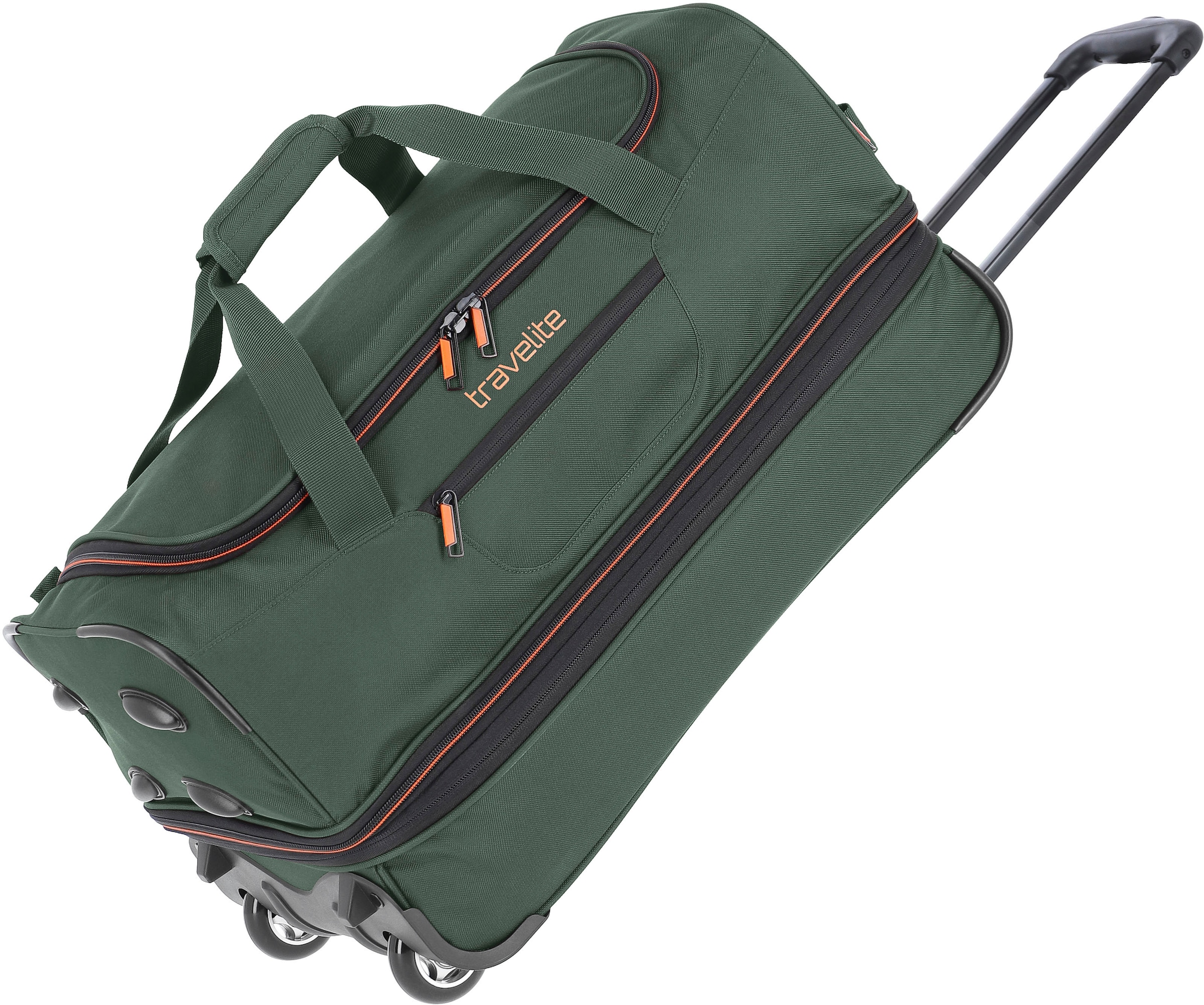 travelite Reisetasche "Basics, 55 cm, dunkelgrün", Duffle Bag Sporttasche mit Trolleyfunktion und Volumenerweiterung