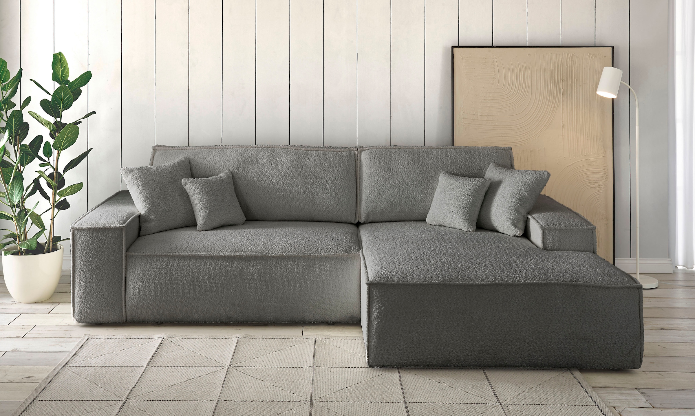 OTTO home Ecksofa "FINNLEY Bouclé, L-Form 257 cm, Schlafsofa" mit Bettkasten, in Bouclé, Struktur fein und Mega Cord