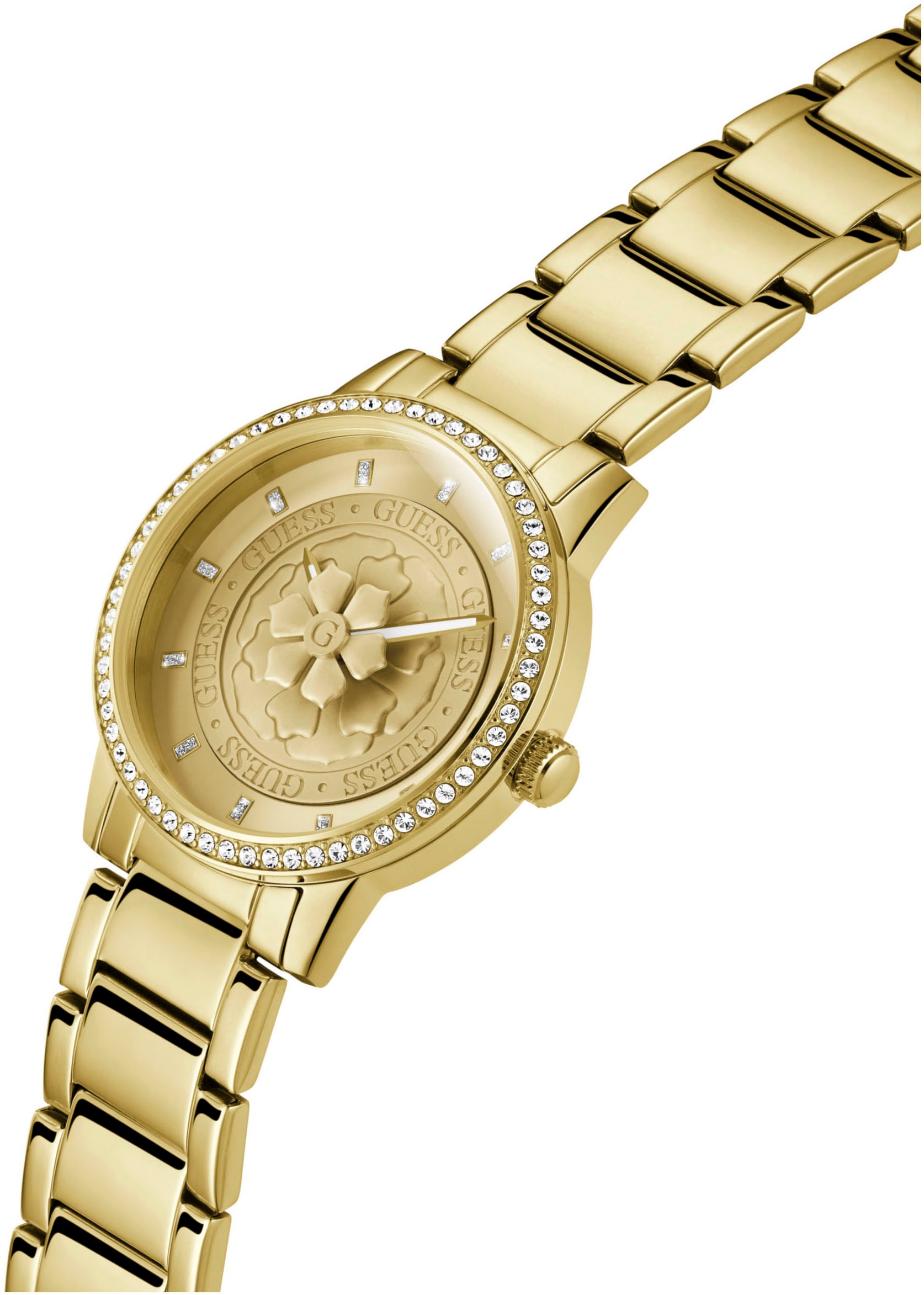 Guess Quarzuhr »PETAL«, Armbanduhr, Damenuhr, Kristallsteine, Mineralglas, Edelstahlarmband