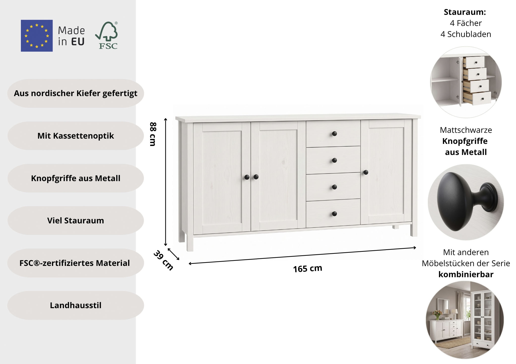 OTTO home Sideboard »Mikkeli Kommode« aus massiver FSC®-zertifizierter Kiefer, moderner Landhausstil
