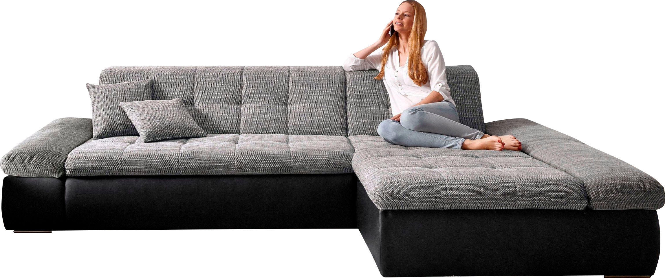 DOMO collection Ecksofa »Moric, L-Form, XXL-Sofa - Breite 300cm«, wahlweise mit Bettfunktion und Armteilverstellung, schwarz-weiß-grau