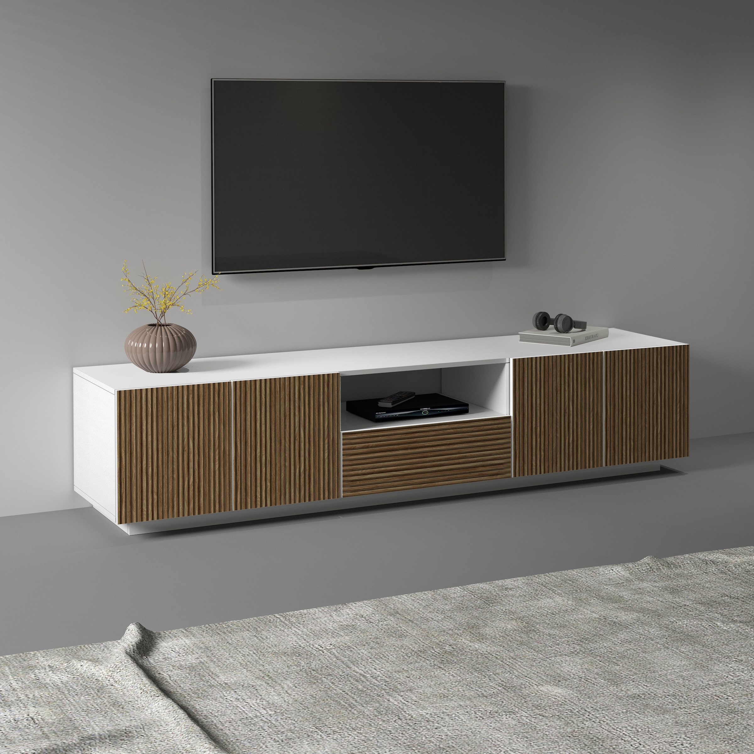 INOSIGN Lowboard »Vega,Lowboard,TV Board,TV Schrank,220 cm«, mit 4 Türen und 1 Schublade,Fronten mit Rillen-Optik