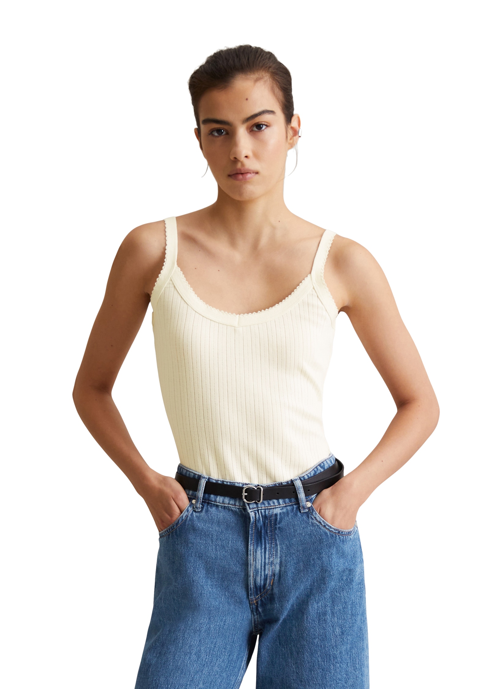 Marc OPolo DENIM Spaghettitop, Rüschenkante, Strickwebmuster günstig online kaufen