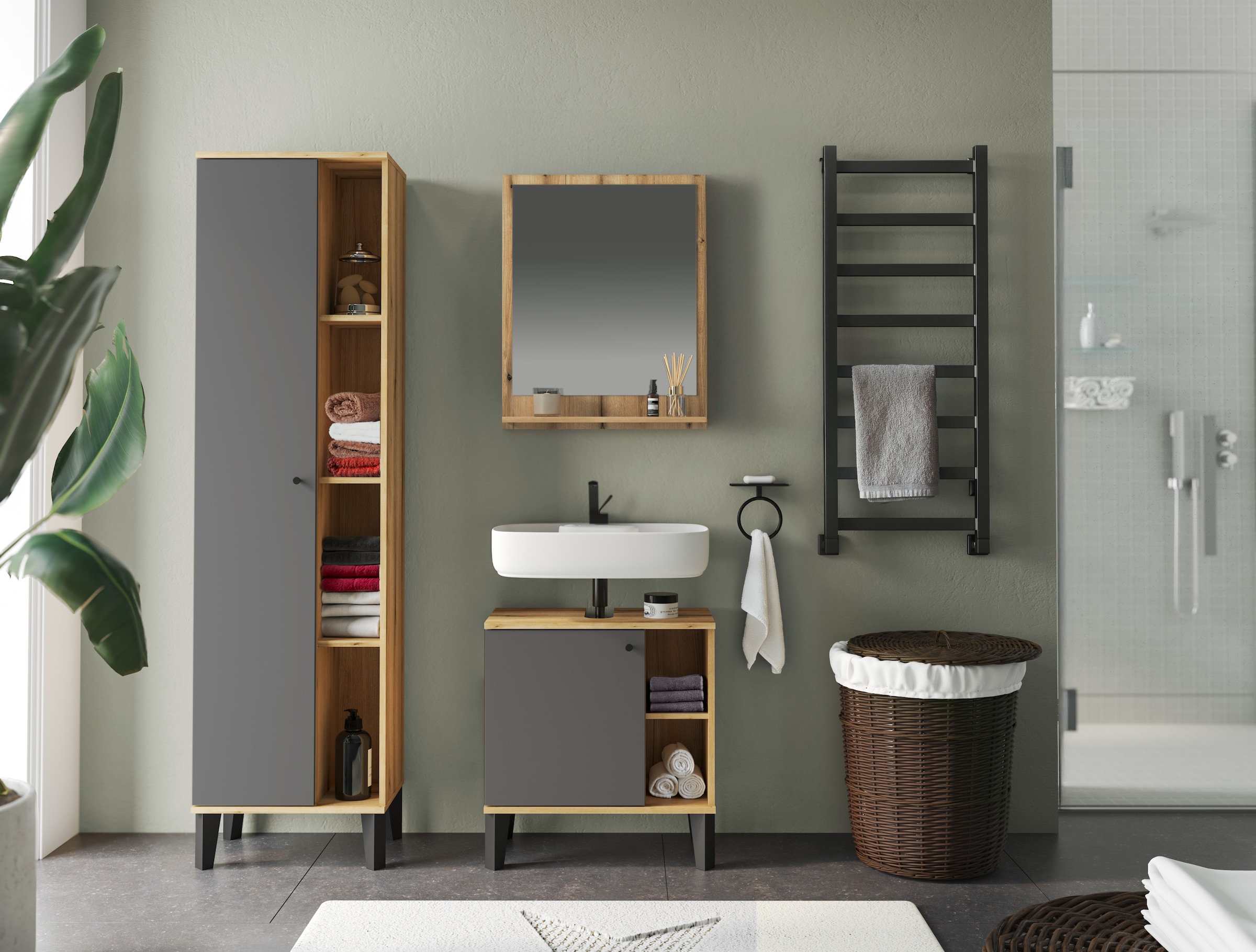 INOSIGN Badmöbel-Set »OSLO, Bad im skandinavischen Design«, (Set, 3 St.), Badschränke und Spiegel, in zwei Farben verfügbar, viel Stauraum