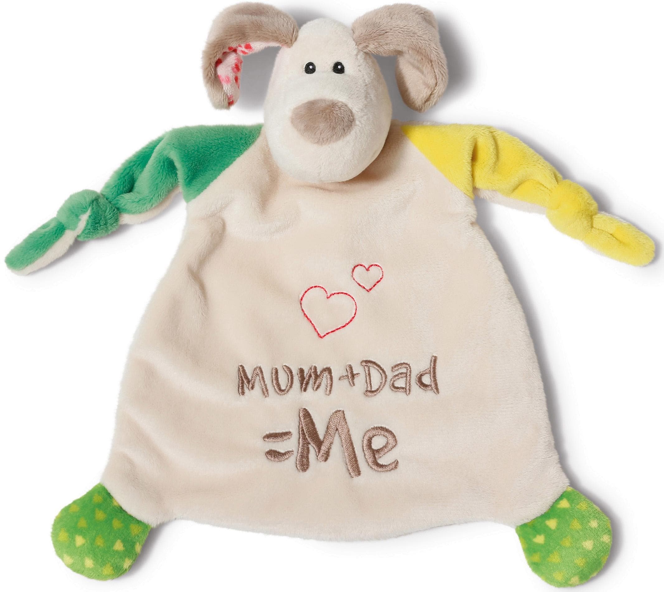 Nici Schmusetuch "My First NICI Kollektion, Hund Fino, Mum+Dad=Me" mit aufgestickten Augen