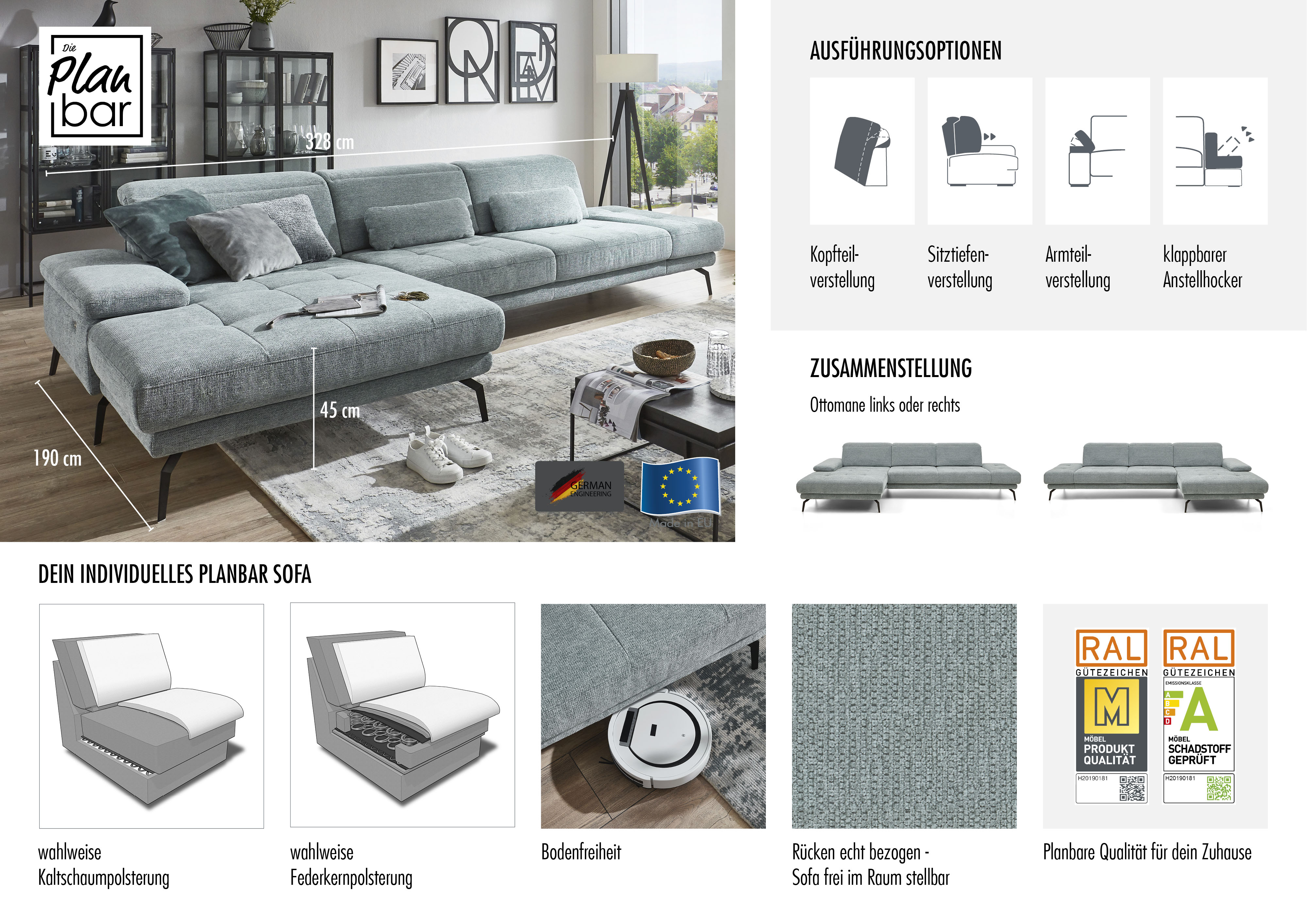 Thumbnail - Die PlanBar Ecksofa "MP-IN20126 L-Form", mit Kopfteilverstellung, optional Sitztiefen- & Armteilverstellung