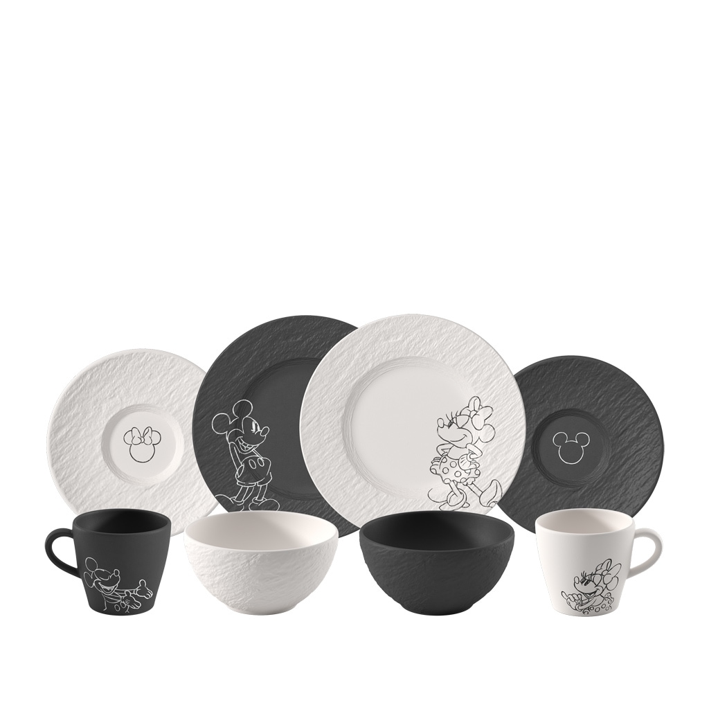 Villeroy & Boch Geschirr-Set »Frühstücks-Set Manufacture Rock - Mickey Mouse 8er Set schwarz-weiß« Spülmaschinenfest, Mikrowellensicher