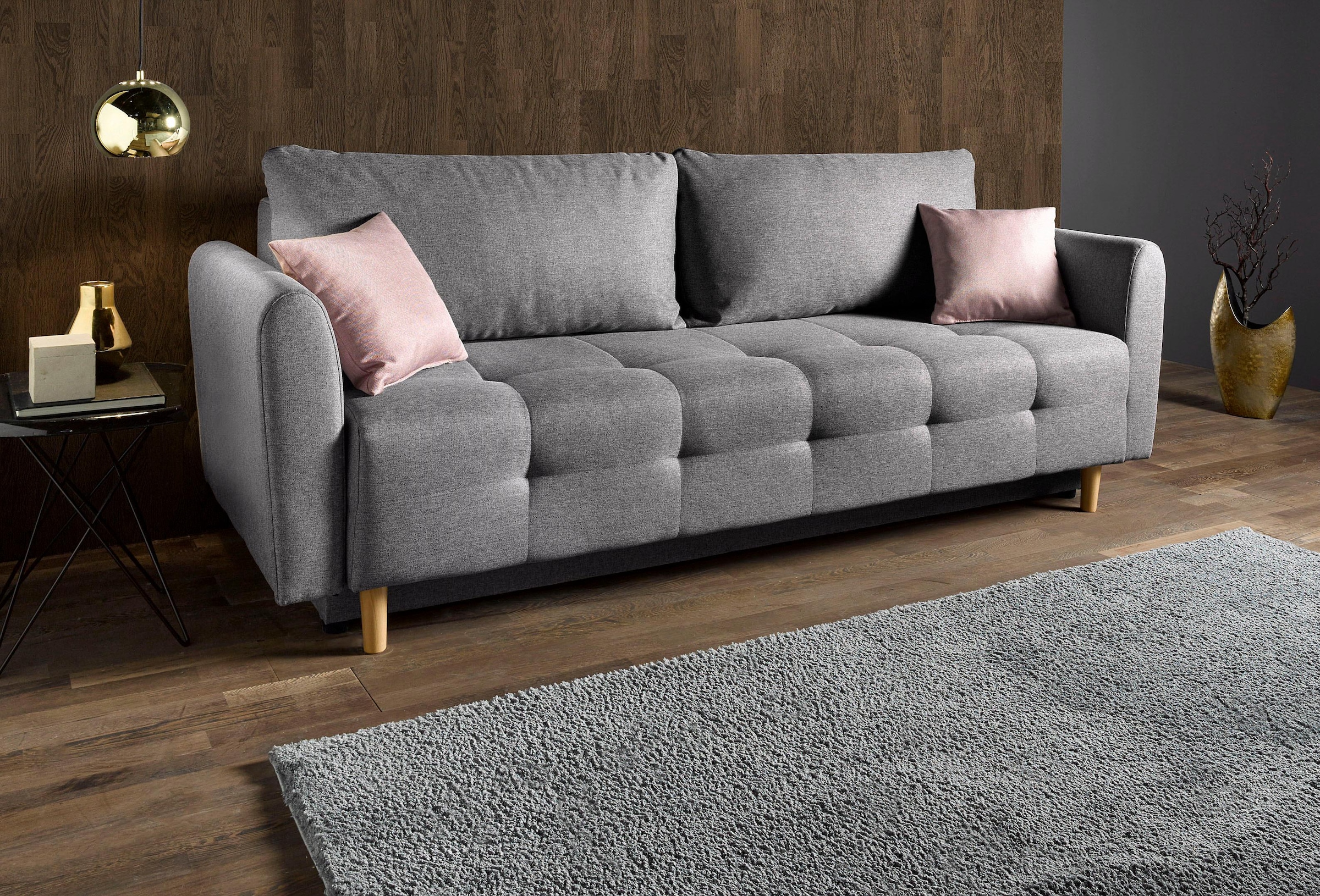 Home affaire Schlafsofa "Nordic, B: 219 cm, Liegel. 137x195 cm" Schlaffunktion, Bettkasten & 2 Zierkissen, Federkern