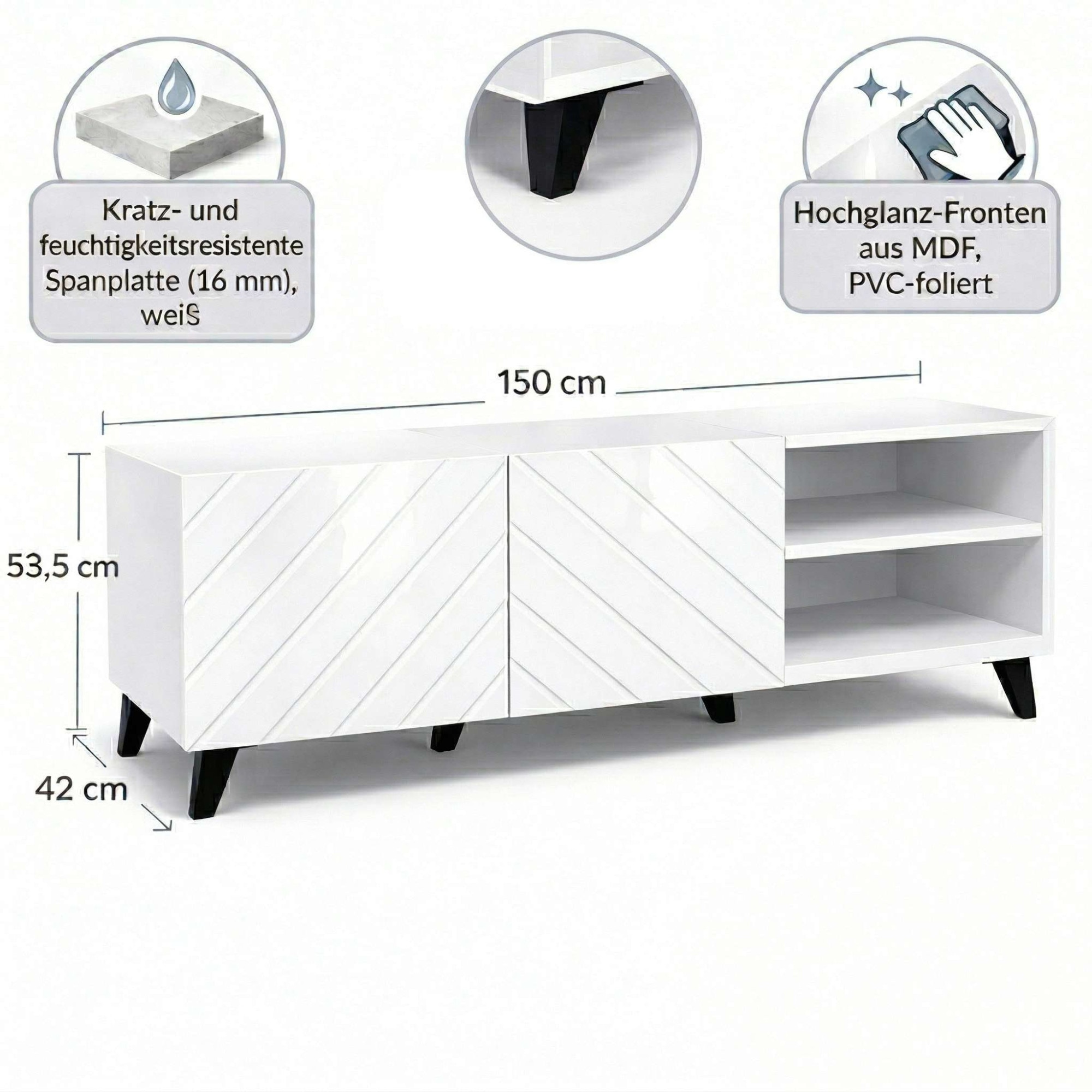OTTO home Lowboard »HOLLY 1.5, TV-Board, TV-Kommode, TV-Schrank, TV-Unterschrank, TV-Möbel« Modernes lackiertes Hochglanz TV-Board, grifflos, Breite 150 cm