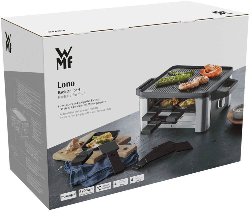 WMF Raclette »LONO«, 4 St. Raclettepfännchen, 870 W, LED-Beleuchtung, Aufbewahrungsfach für unbenutzte Pfännchen