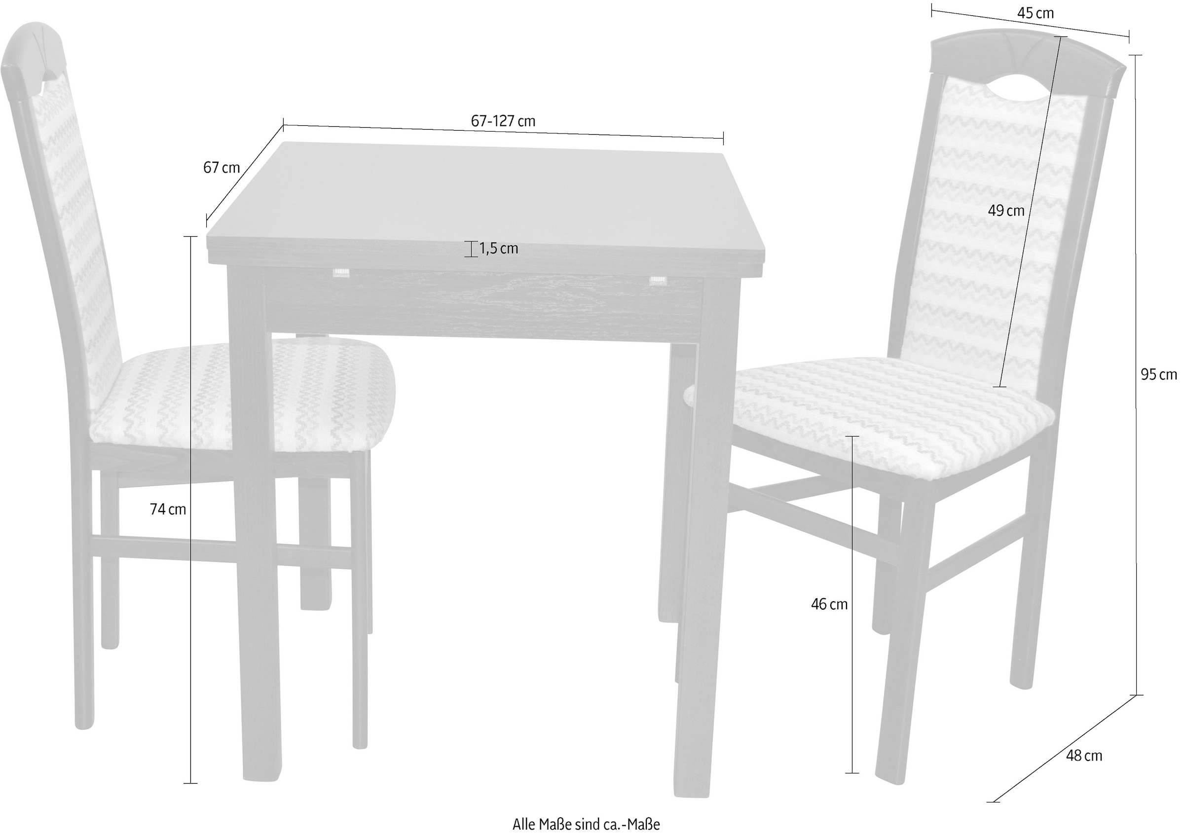 HOFMANN LIVING AND MORE Essgruppe »Creto«, (Spar-Set, 3 tlg., 1 Tisch, 2 Stühle), Stuhlgestell und Tischbeine aus Massivholz, Tisch mit 2 Ansteckplatten