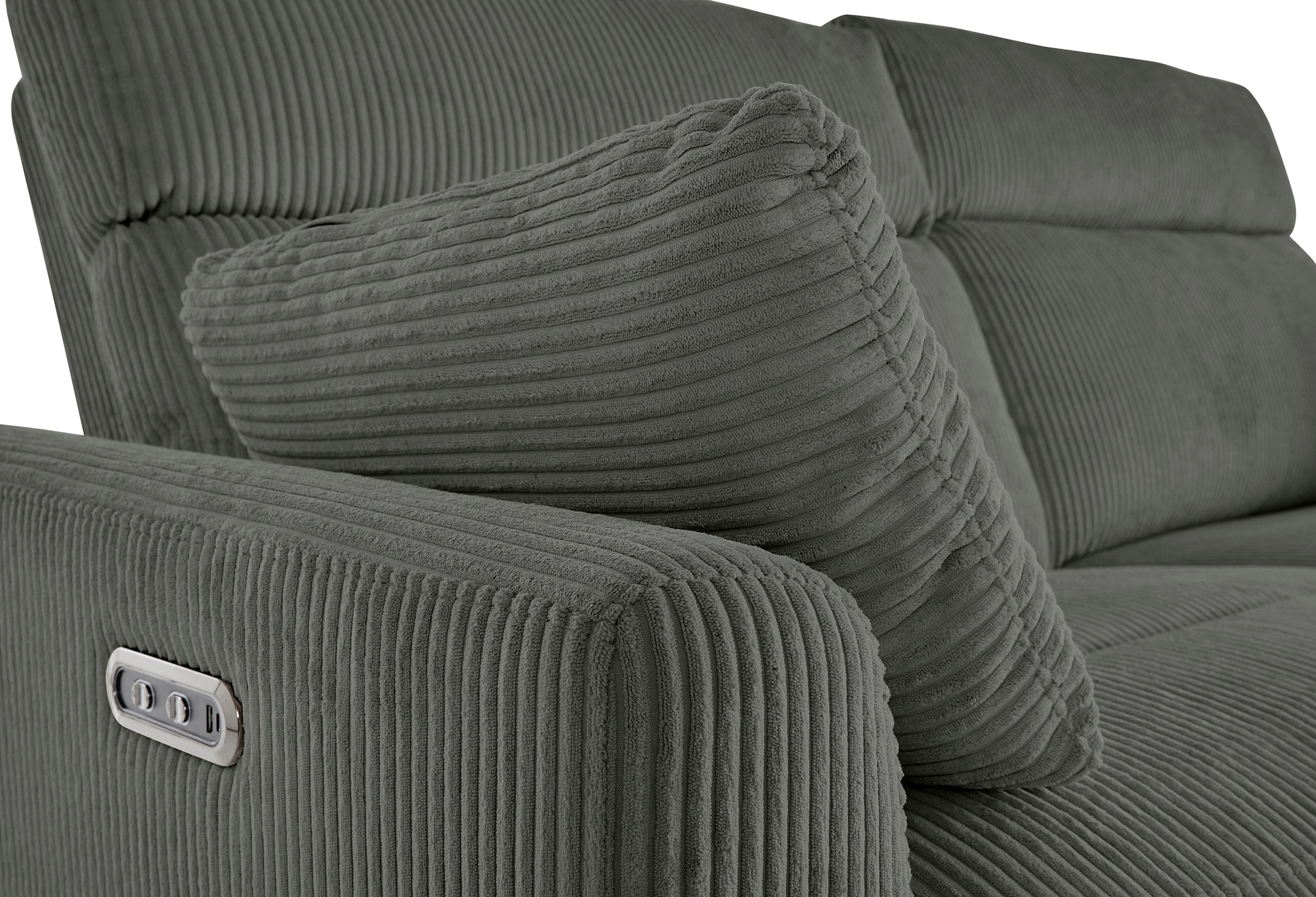 INOSIGN Ecksofa »JENNA, L-Form, 209cm, manuelle u. elektrische Funktion, mit USB A/C,«, Liegefunktion 105°-150°, Federkern, Cord