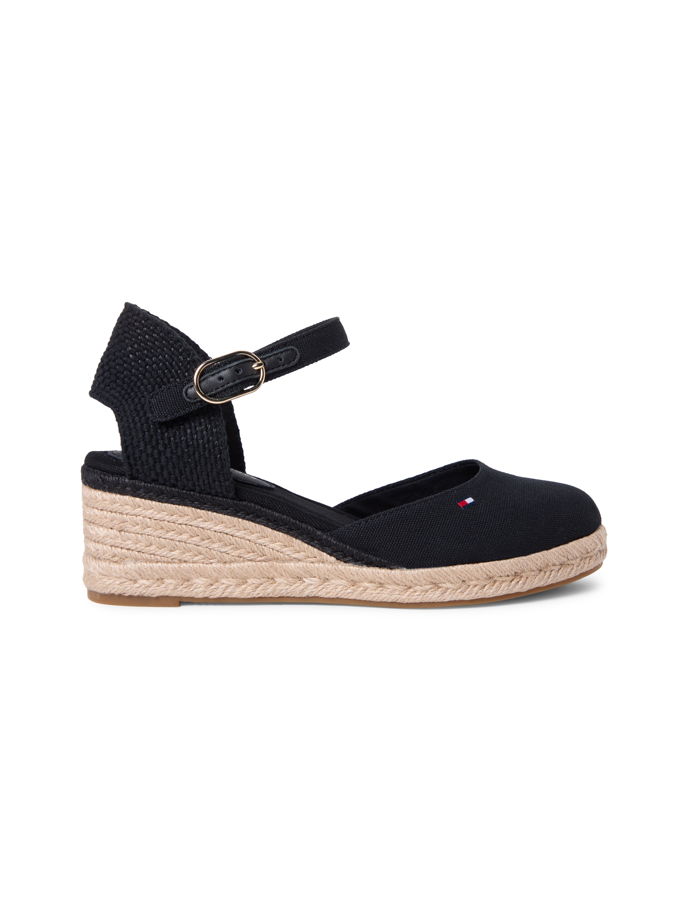 Keilsandalette TOMMY HILFIGER "MID WEDGE ESPAD CLOSED TOE", Damen, Gr. 41, schwarz, Leder, Textil, Schuhe, Plateau, Sommerschuh mit verstellbarer Schnalle, schmale Form 3