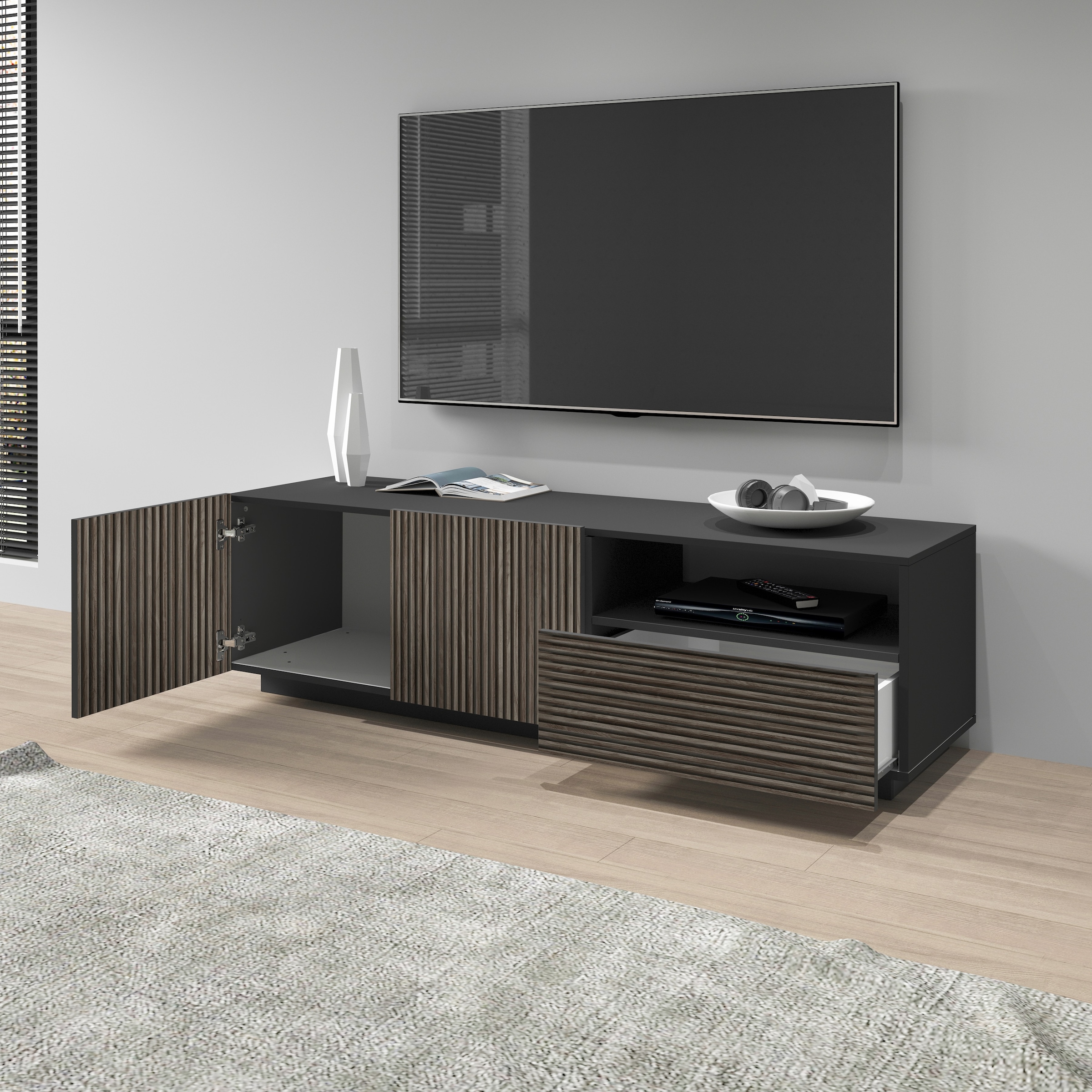 INOSIGN Lowboard »Vega,Lowboard,TV Board,TV Schrank,150 cm«, mit 2 Türen und 1 Schublade,Fronten mit Rillen-Optik