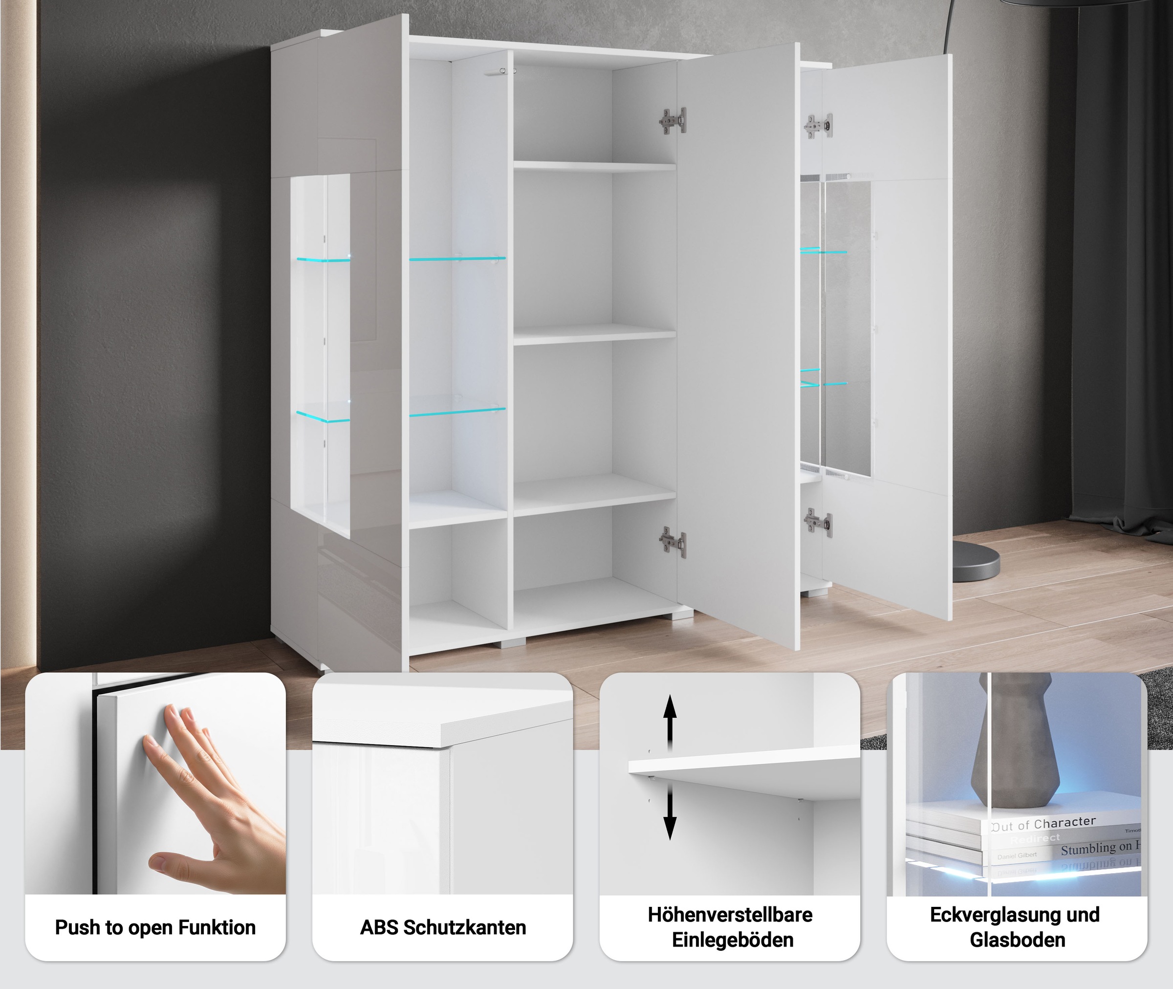 INOSIGN Highboard »Kenia«, (1 St.), Modernes Highboard, mit Glastüren, Breite 135 cm