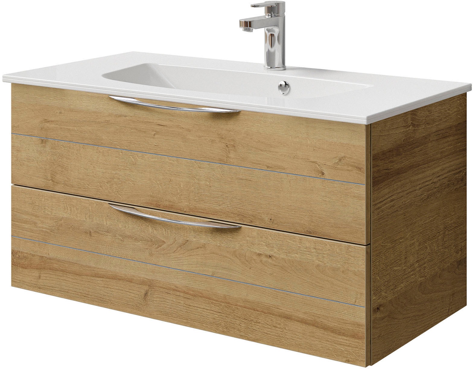 Saphir Badmöbel-Set »Serie 6025 2-teilig Mineralmarmor-Waschtisch mit LED-Spiegelschrank«, (2 St.), Waschplatz 97 cm breit, 2 Schubladen, 3 Spiegel-Türen, inkl Türdämpfer