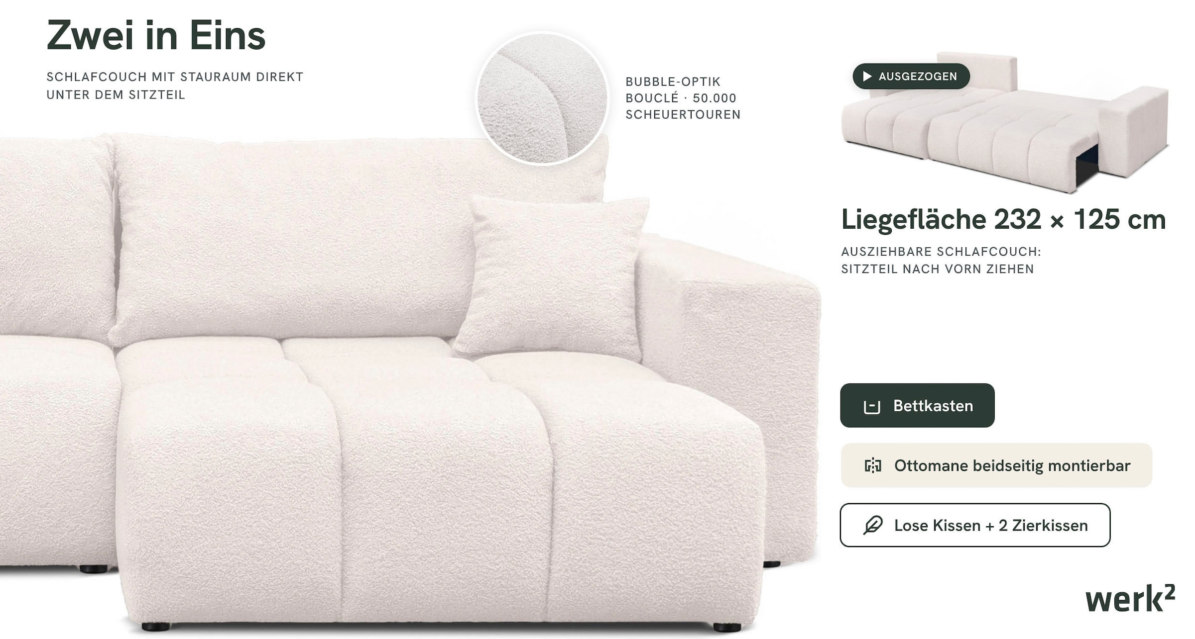 WERK2 Ecksofa »Ofi XL L-Form Sofa in Bubble-Optik mit Schlaffunktion und Bettkasten« Trendstoff Bouclé – Ottomane beidseitig montierbar, inkl. 2 Zierkissen