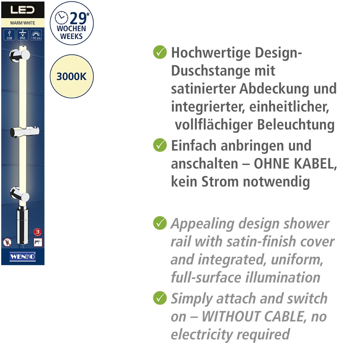 WENKO Duschstange »Brausestange mit LED Beleuchtung«, Länge: 74 cm, Warmweiß, inkl. wiederaufladbarer Einheit