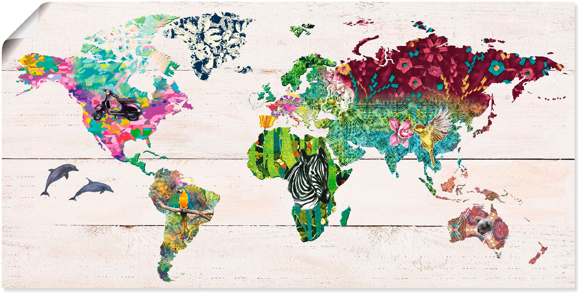 Artland Wandbild »Bunte Welt versch. Untergrund«, auf Landkarten, bestellen Wandaufkleber Größen Poster hölzernem Leinwandbild, oder (1 | St.), in BAUR als