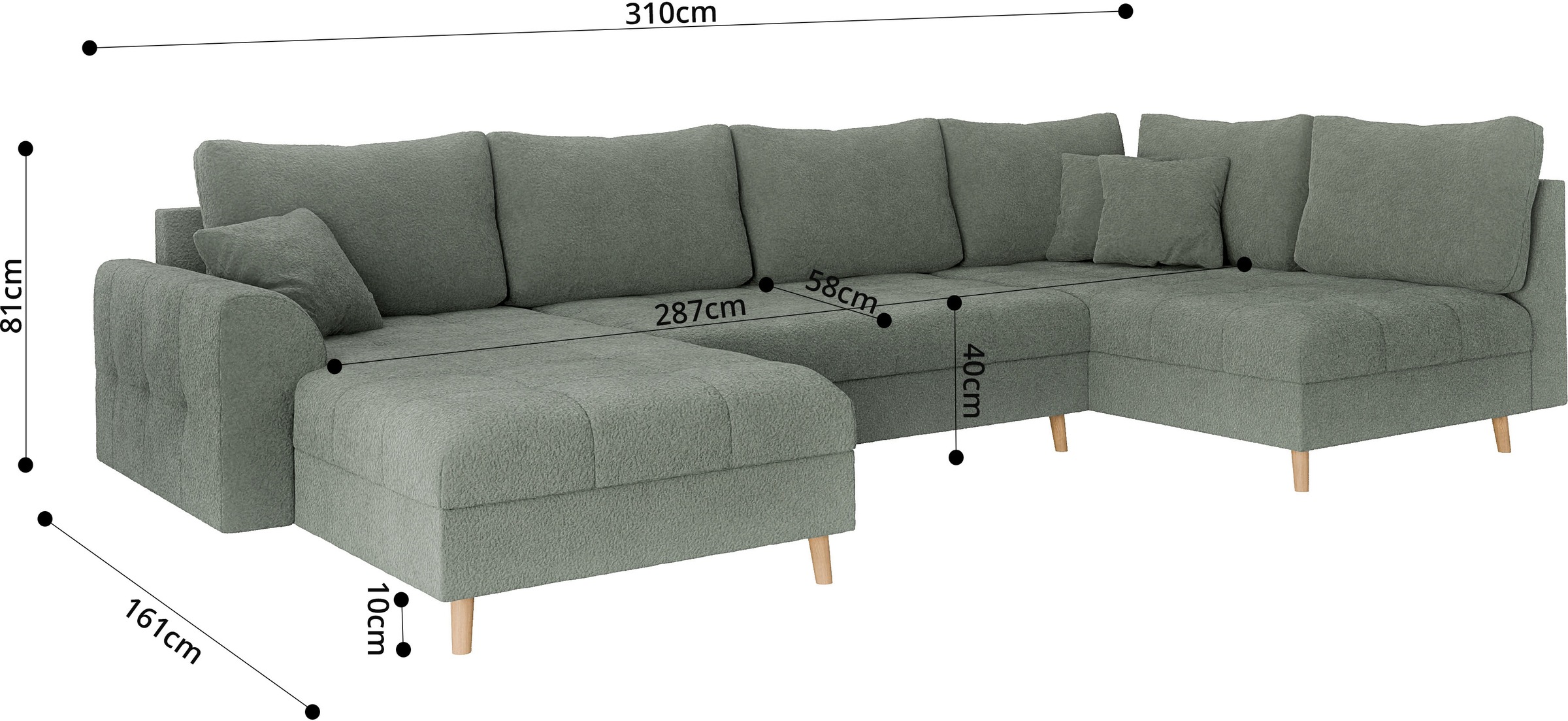 Home affaire Wohnlandschaft »CHARRE U-Form mit Ottomane, Maße B/T/H: 310/161/81 cm«, feine Steppung, lose Rücken- und Zierkissen, auch in Cord und Bouclé