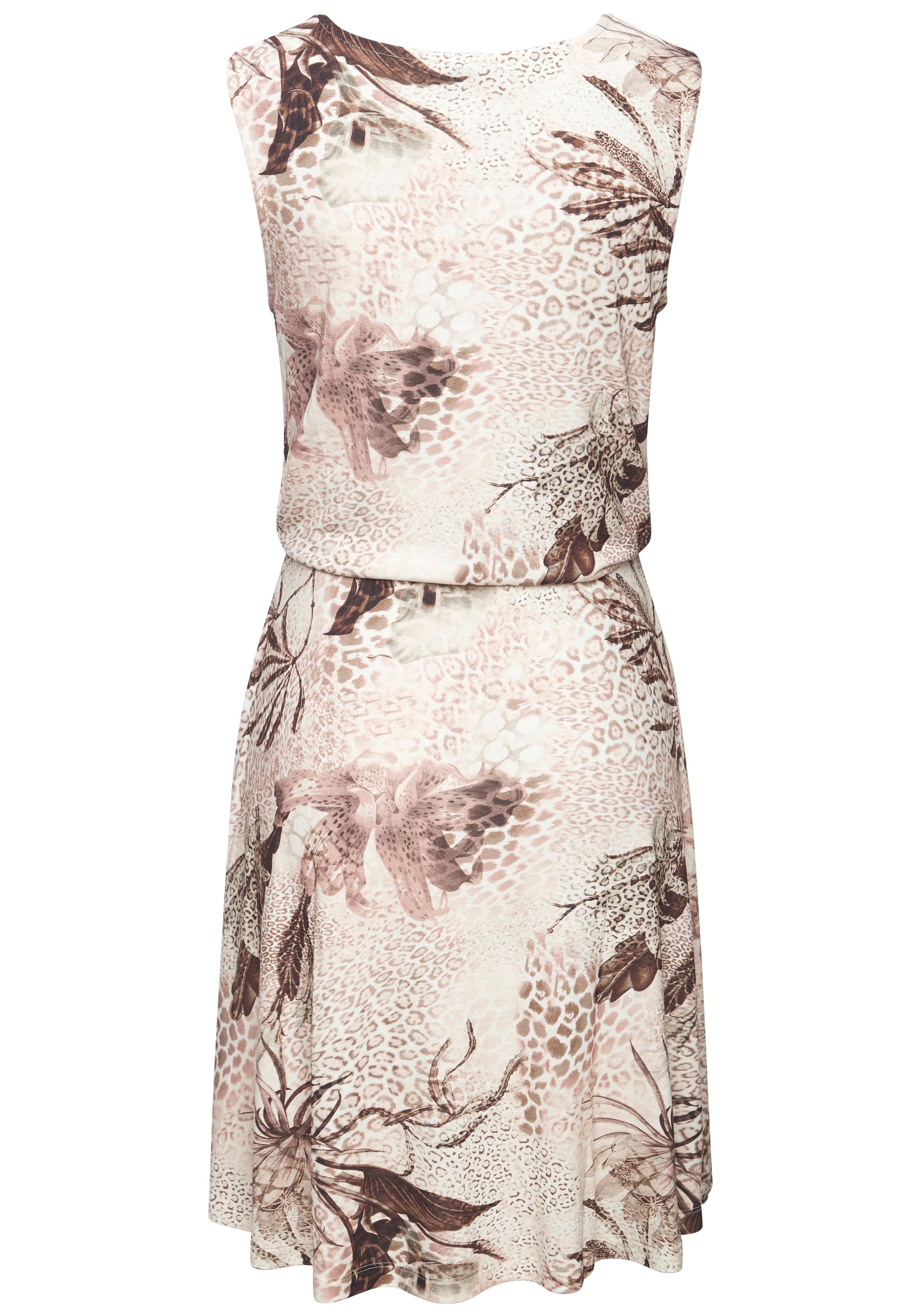 LASCANA Jerseykleid »mit Alloverdruck, schwingendem Rock und goldenem Zieraccessoire« Ohne Taschen ärmelloses Sommerkleid mit breiten Trägern und V-Ausschnitt