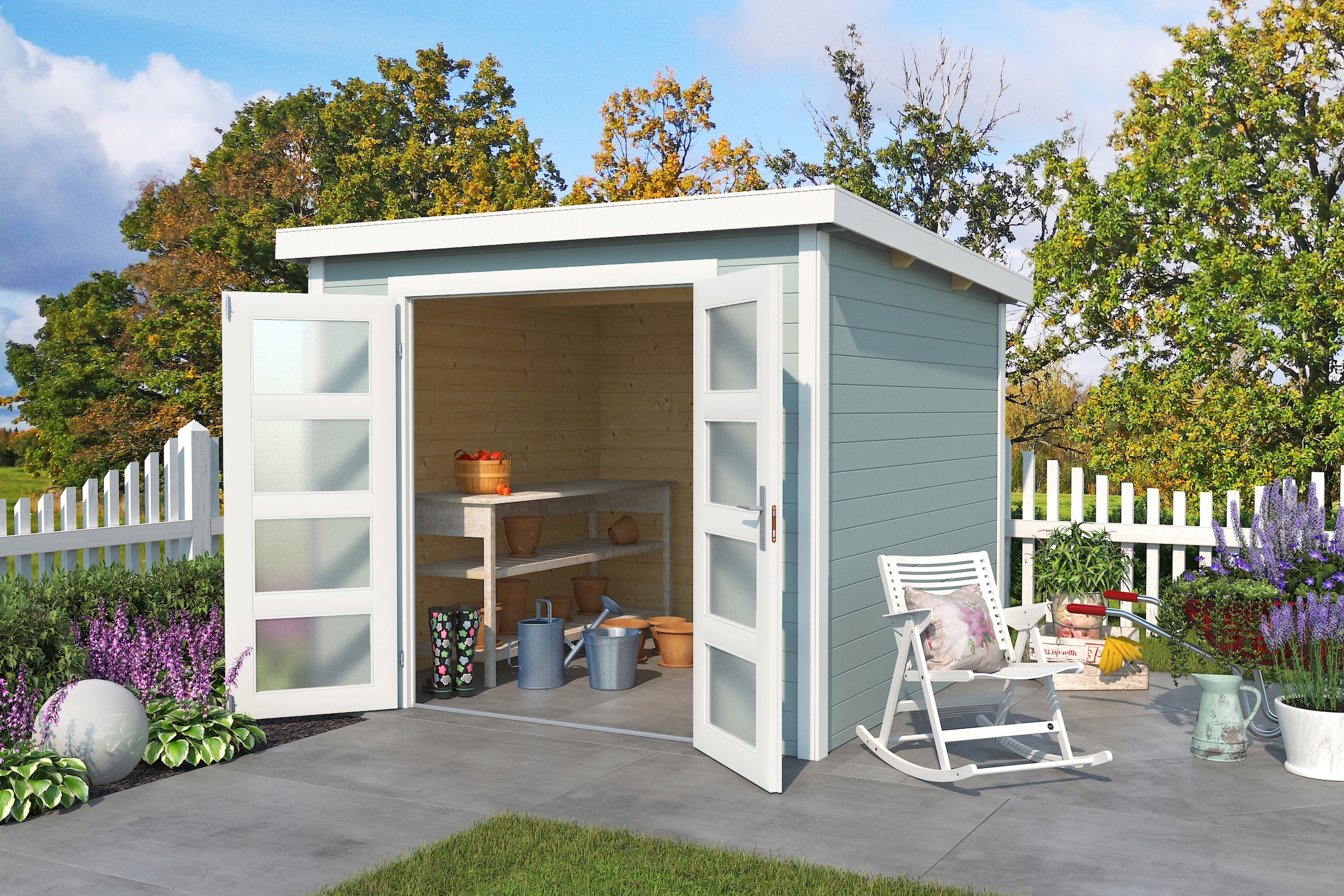 LASITA MAJA Gartenhaus »Zambezi 4«, Blochbohlenhaus 28mm, Fundamentmass 2500x2500, Gletschergrün