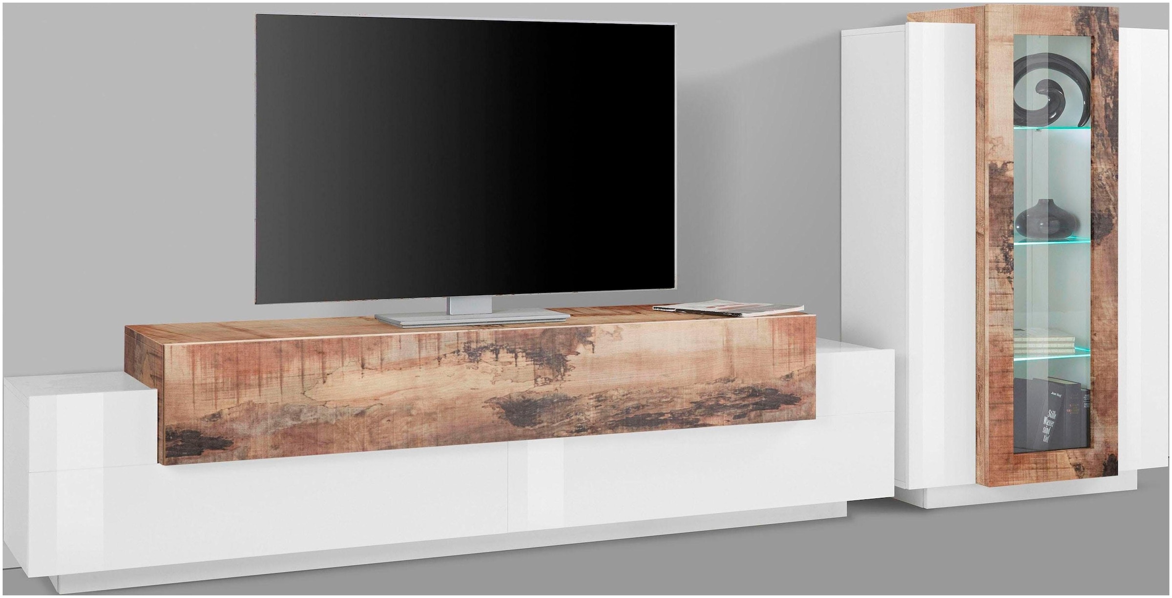 INOSIGN Wohnwand »Coro, Anbauwand, Medienwand«, (Set, 2 St.), Lowboard 4 Fächer, Breite 200cm und Vitrine 3 Türen, Breite 80cm