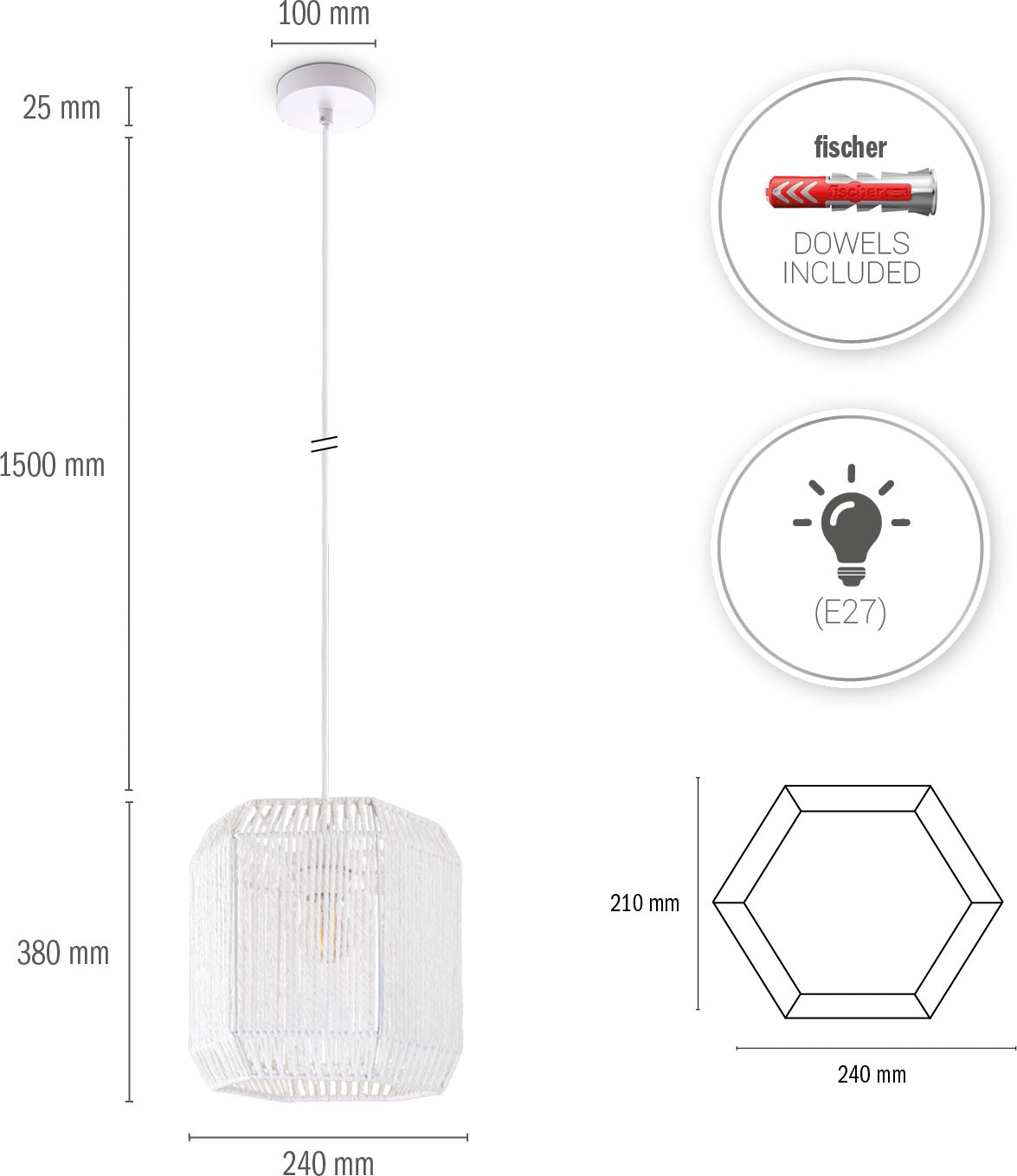 Paco Home Pendelleuchte »Hugo Pepe«, Leuchtmittel E27 | ohne Leuchtmittel, Wohnzimmer Esszimmer Rattan Optik Boho Schirm Papier Sechseckig