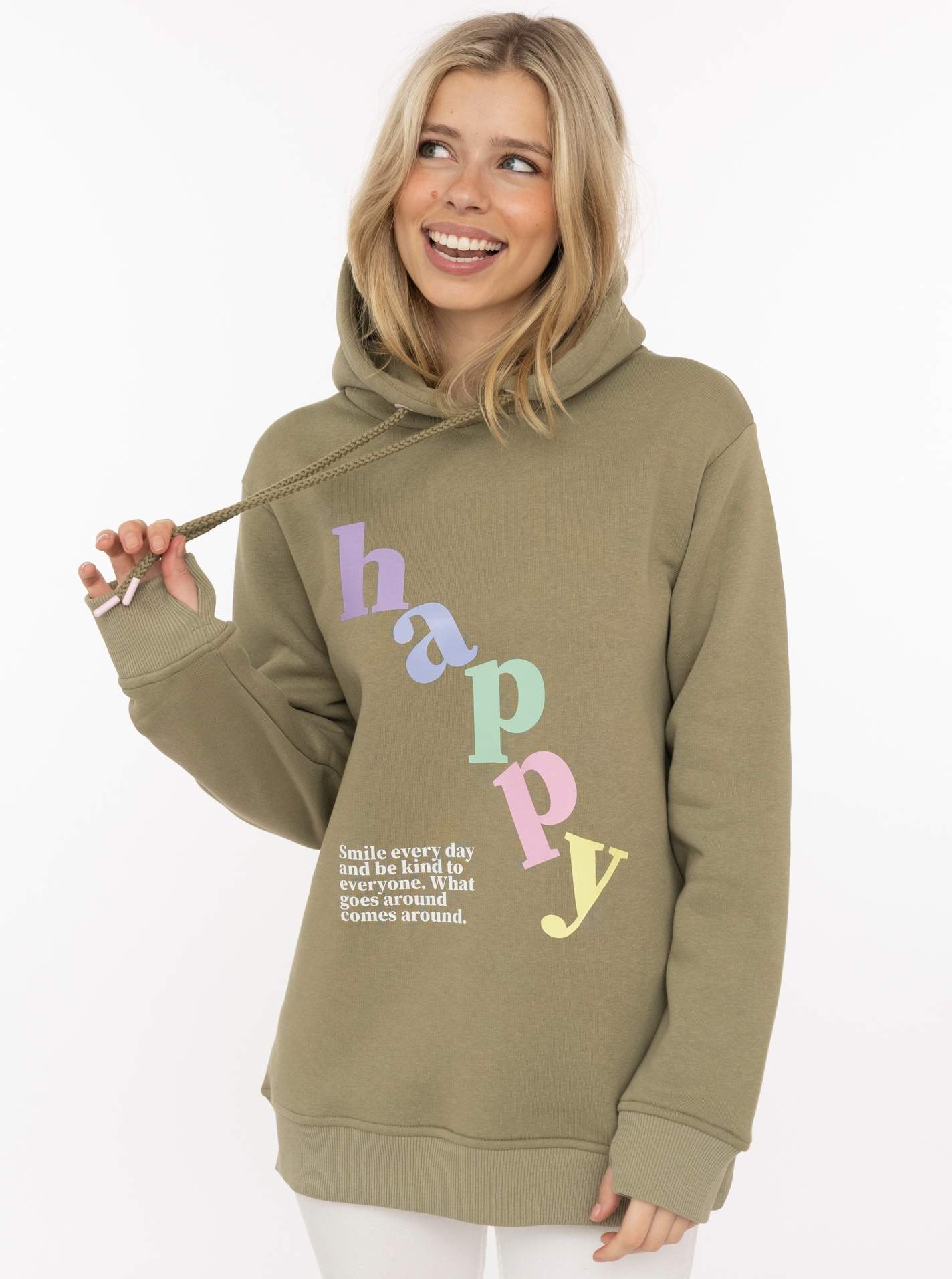 Zwillingsherz Hoodie ""happy"", großer „Happy“ Print, Kapuze mit Kordel, elastische Bündchen