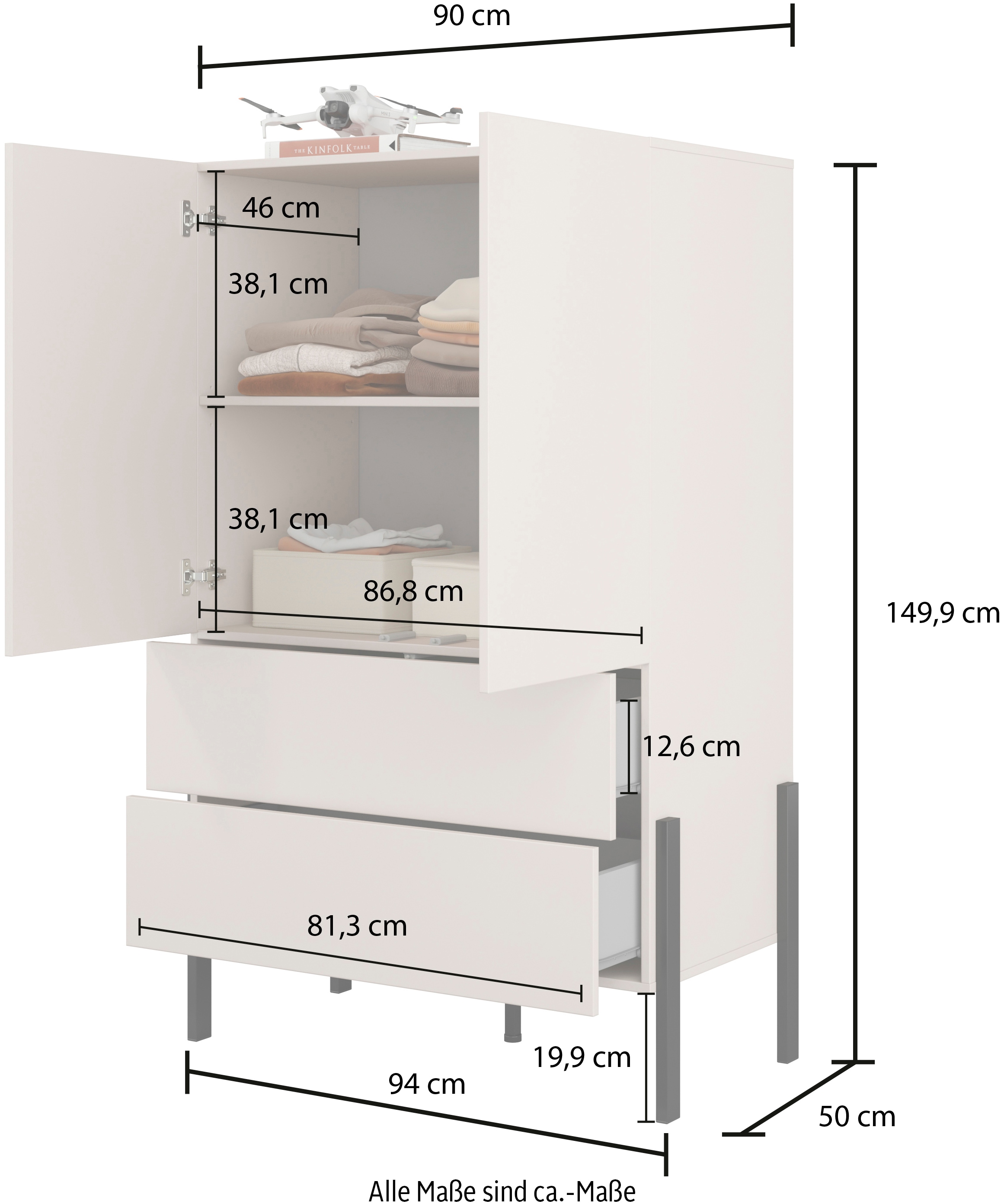 INOSIGN Wäscheschrank »Jukon, moderner griffloser Kleiderschrank, Metallfüsse, Made in Europe«, (90x150x50, ideal für kleine Räume oder Nischen), Mehrzweckschrank,2 Schubladen, 2 Türen, FSC-zertifiziert
