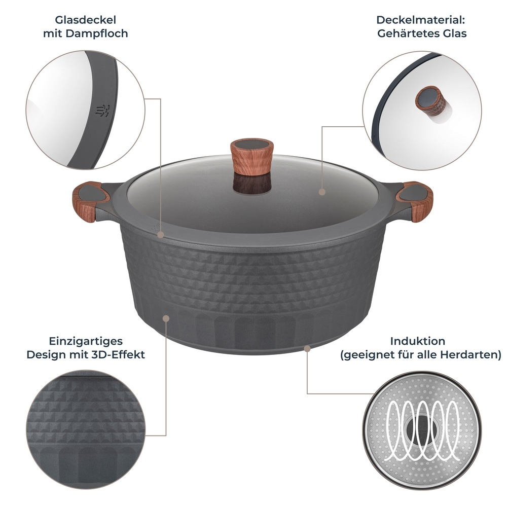 RESTO Kitchenware Kochtopf »Capella, Schmortopf antihaftbeschichtet und spülmaschinenfest«, Aluminiumguss, (2 tlg.), mit Glasdeckel und stoßdämpfendem Silikonrand, im Geschenkkarton