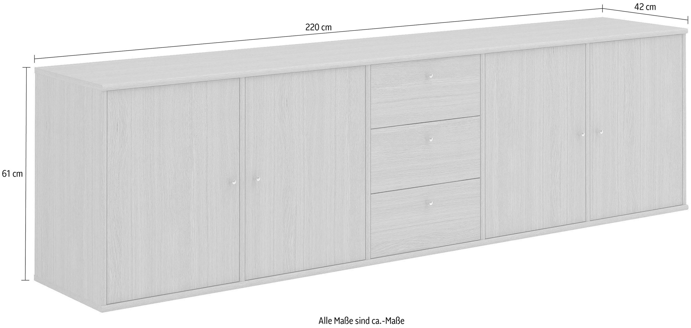 Hammel Furniture BAUR vier Sideboard Wandmontage/stehend, 220cm Schubladen, mit | »Mistral«, drei Breite: und Türen