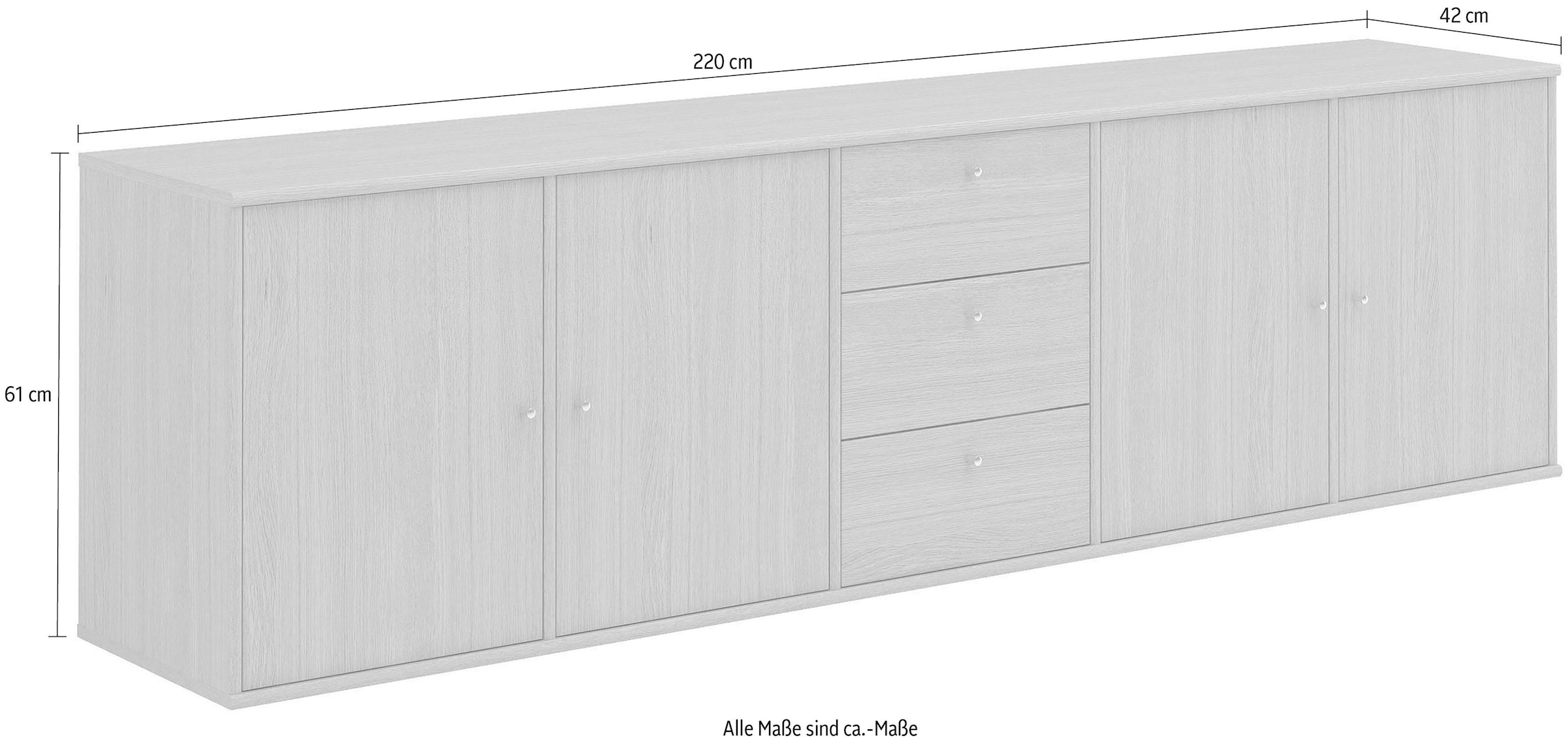 Hammel Furniture BAUR vier Sideboard Wandmontage/stehend, 220cm Schubladen, mit | »Mistral«, drei Breite: und Türen