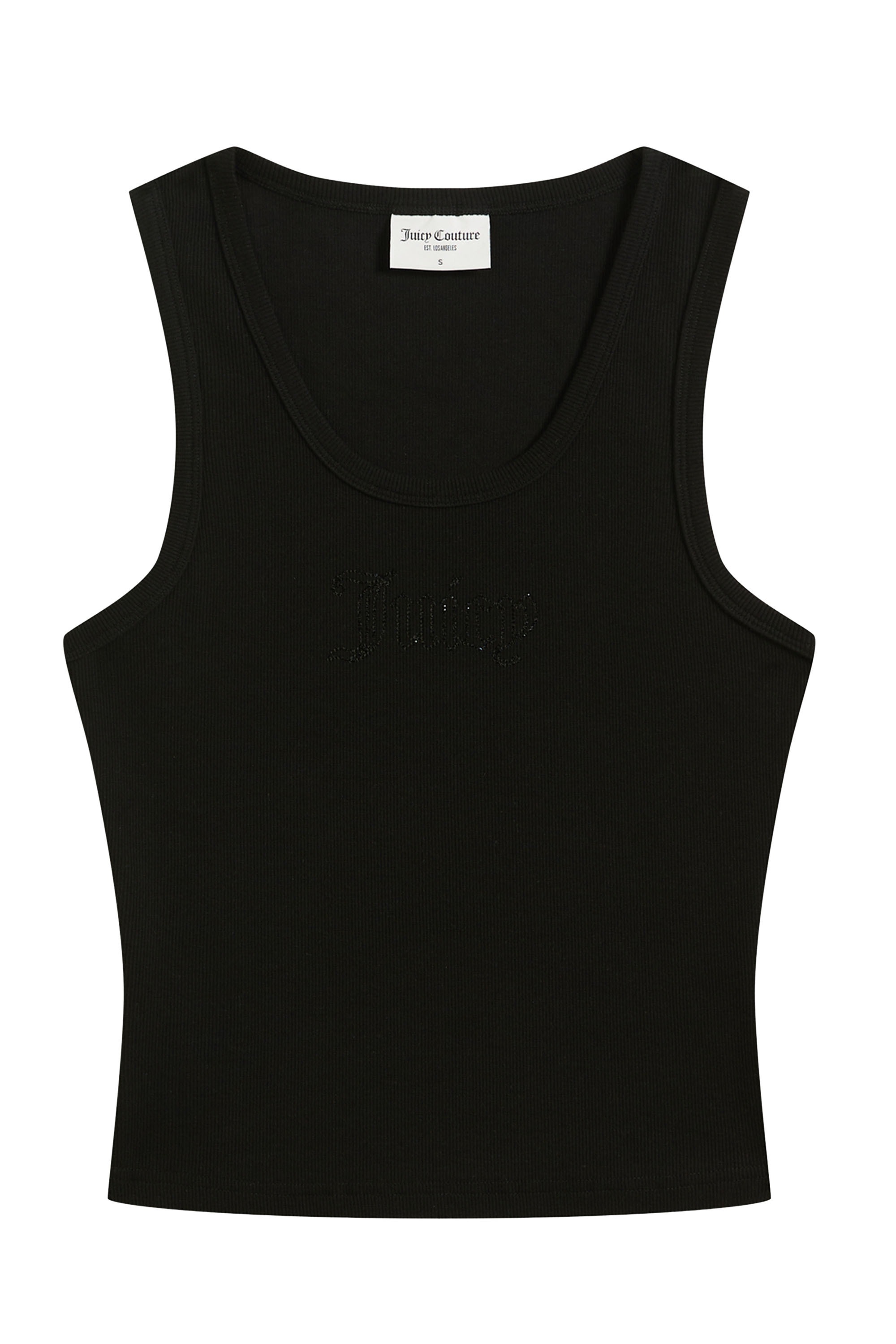 T-Shirt JUICY COUTURE "THIN STRAP RACER VEST Damen", Damen, Gr. L, schwarz, Jersey, 95% Baumwolle, 5% Elasthan, normal taillenlang, Rundhals, Shirts T-Shirt, T-Shirt Damen, Schriftzug, Sportshirt, Trägertop, mit Glitzer, Sale