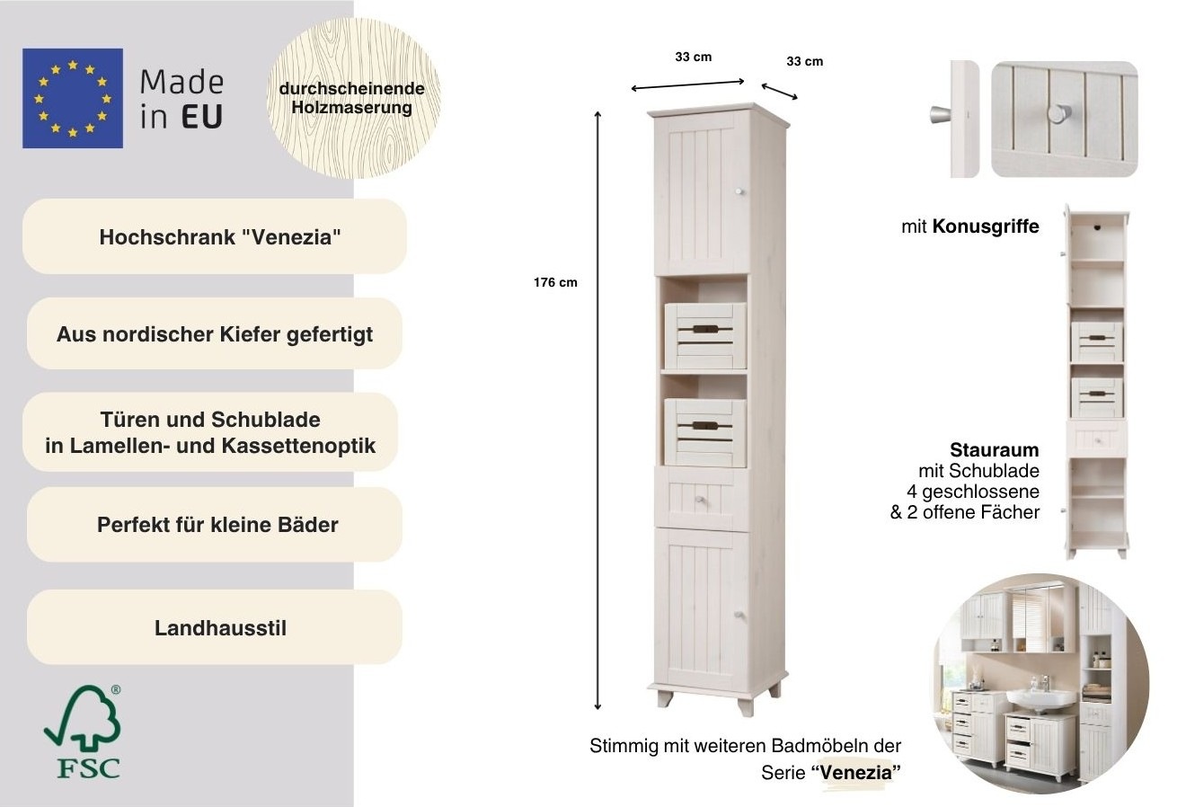 welltime Hochschrank »Venezia Landhaus« Badmöbel, aus massiver Kiefer, 2 Türen, 1 Schublade, Breite 33 cm