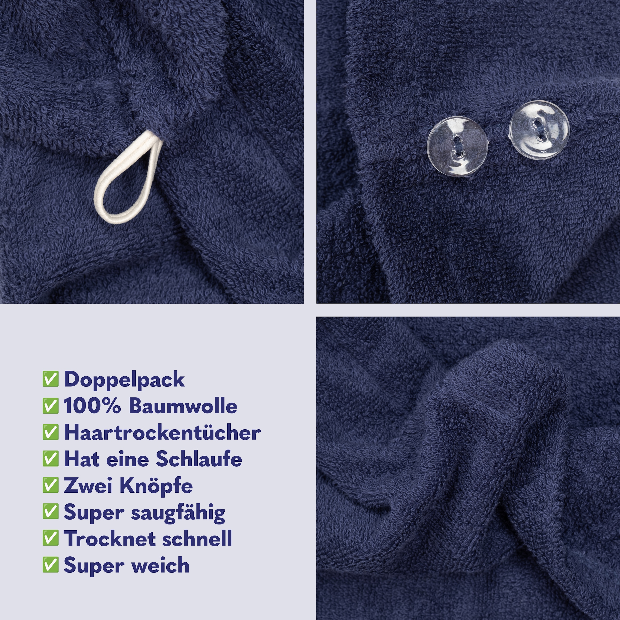 HAMMETEX Turban-Handtuch »2er Set Haarturban Damen, 100% Baumwolle, Flauschig & Schnelltrocknend«, (Set, 2 St., 2), Uni-Farben, weich