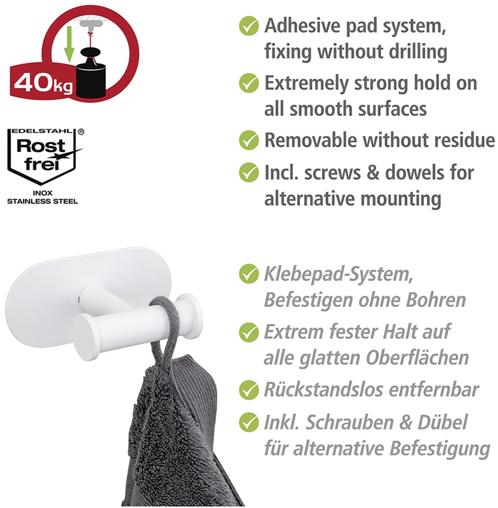 WENKO Doppelhaken »Turbo-Loc® Modell Duo Orea«, aus Edelstahl für Handtücher, Befestigen ohne Bohren