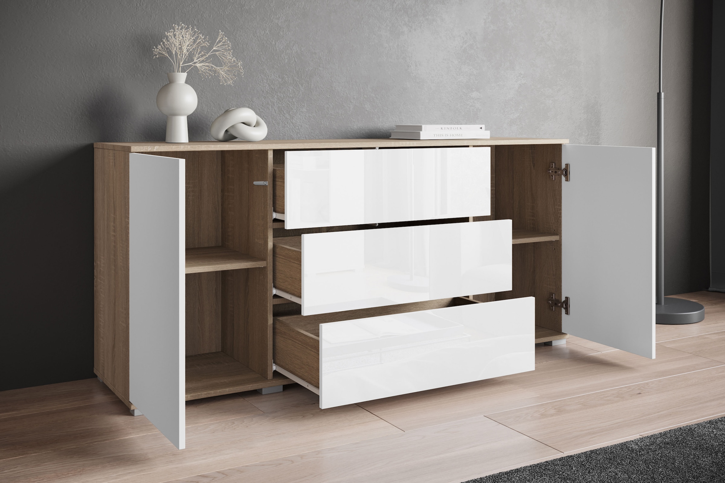 INOSIGN Sideboard »Kenia«, (1 St.), Modernes Sideboard mit 3 Schubladen und 4 Fächern, Breite 150 cm