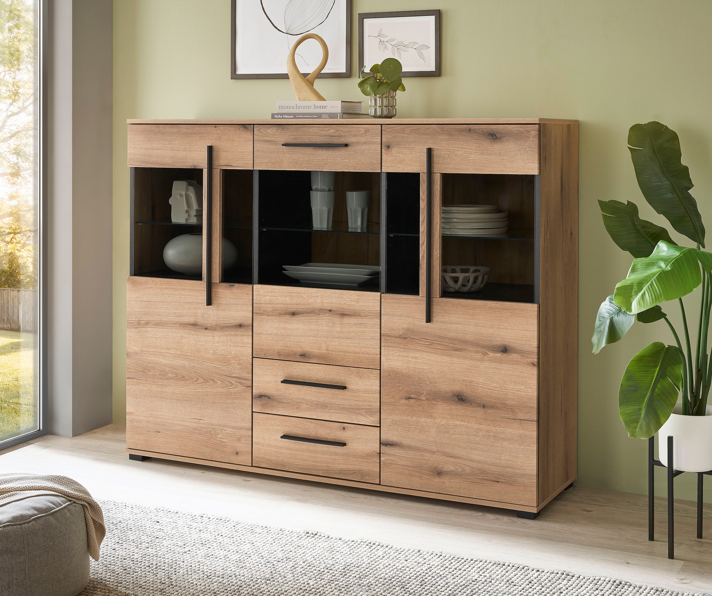 INOSIGN Highboard »Cantara, moderner Schrank, Vitrine in Eiche Dekor oder weiß«, schwarze Stangengriffe, ausreichend Stauraum, vielseitig einsetzbar