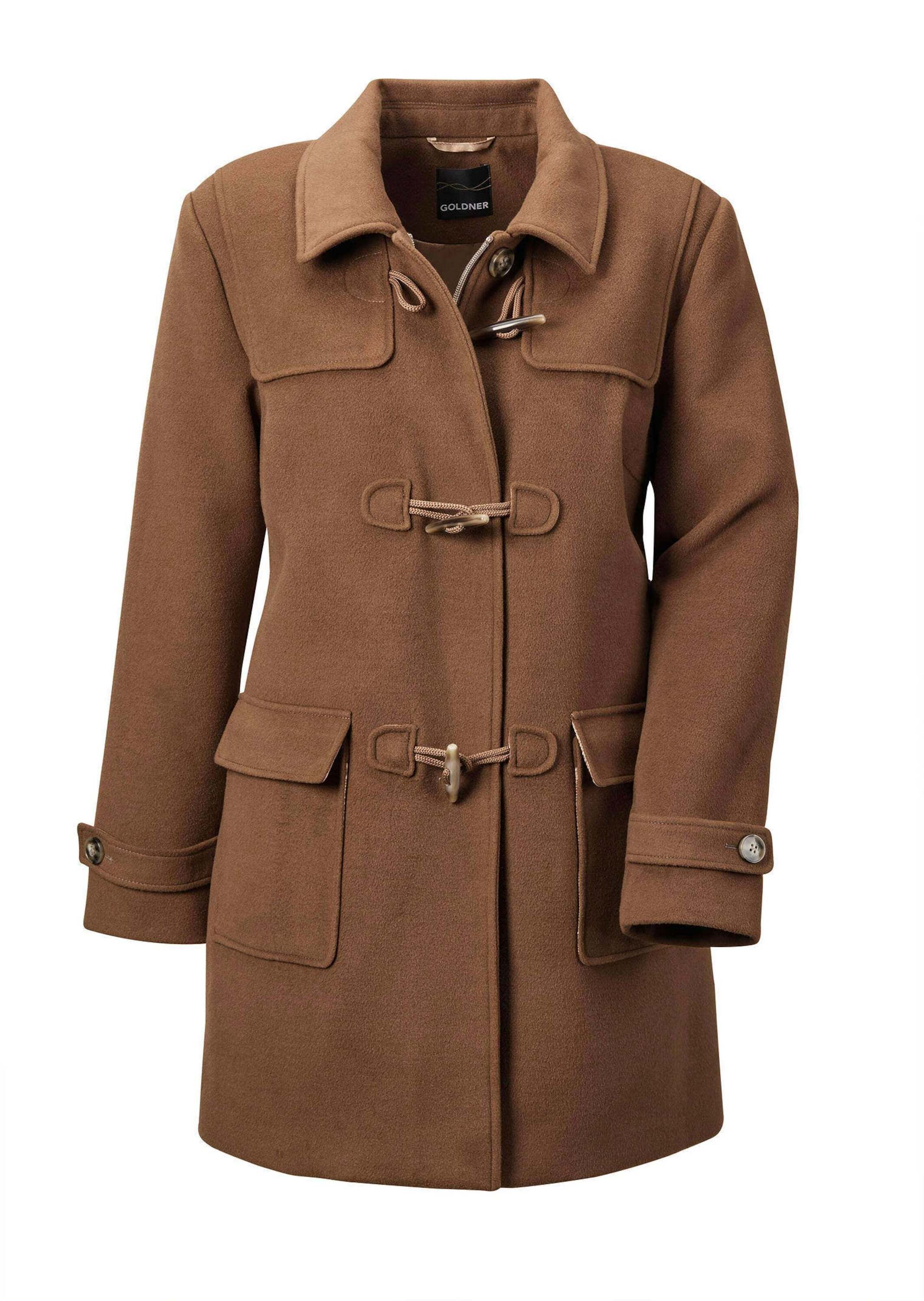 GOLDNER Damen Langmantel "Kurzgröße Dufflecoat", braun, Gr. 22, Obermaterial: 92% Polyester PES. 6% Viskose CV. 2% Elasthan EL., Mäntel