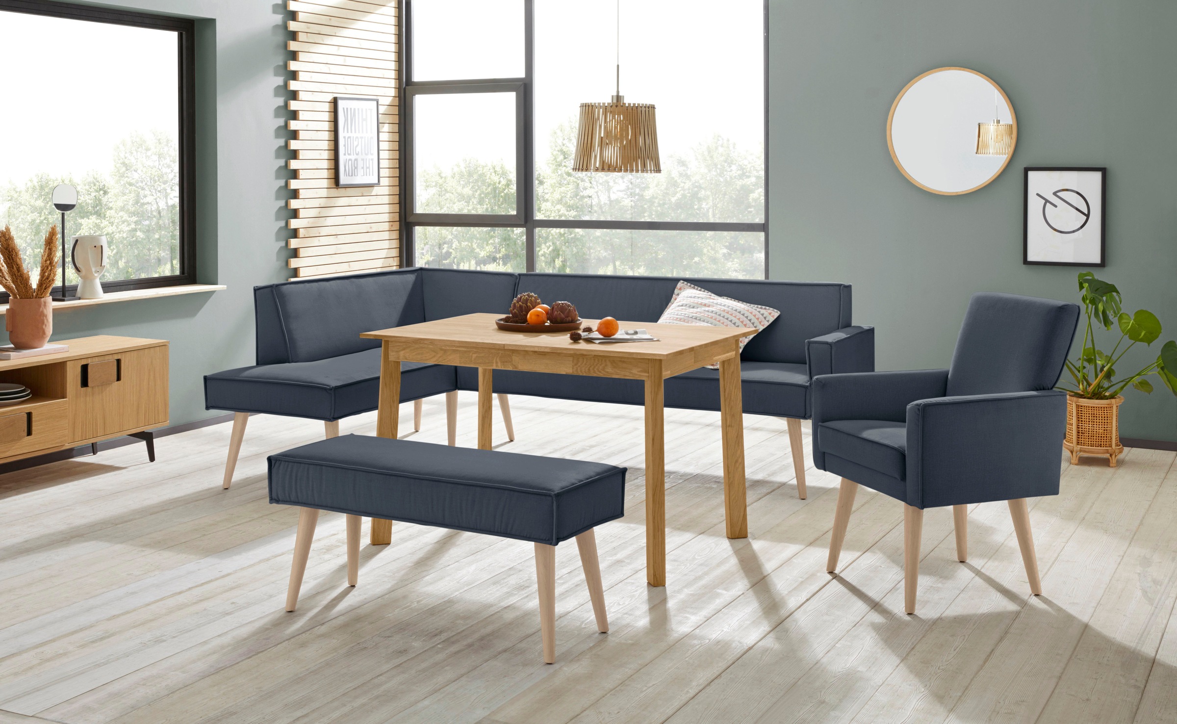 exxpo - sofa fashion Eckbank »Lungo, moderne Kedernaht, bequem und elegant, hoher Holzfuß«, hochwertige Detailverarbeitung, frei im Raum stellbar