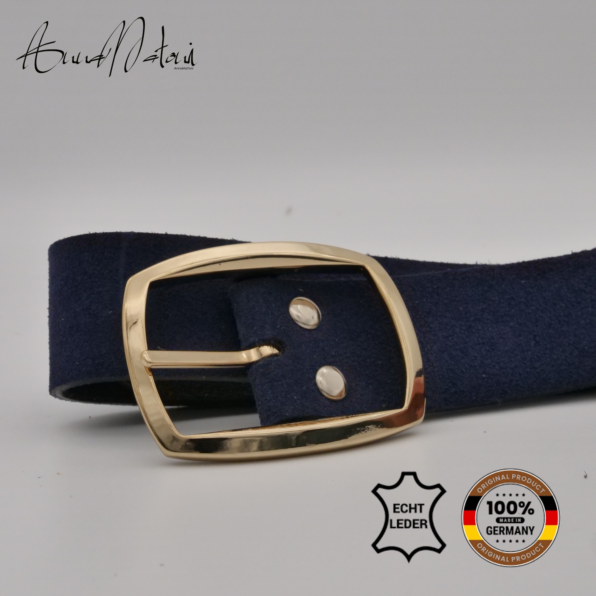 Ledergürtel ANNAMATONI "AnnaMatoni Damen Ledergürtel in hochwertigem Velour Leder 3,5cm", Damen, Gr. TW80 - 95cm Gesamtlänge, marine 490, 100% Leder, Gürtel Ledergürtel 3