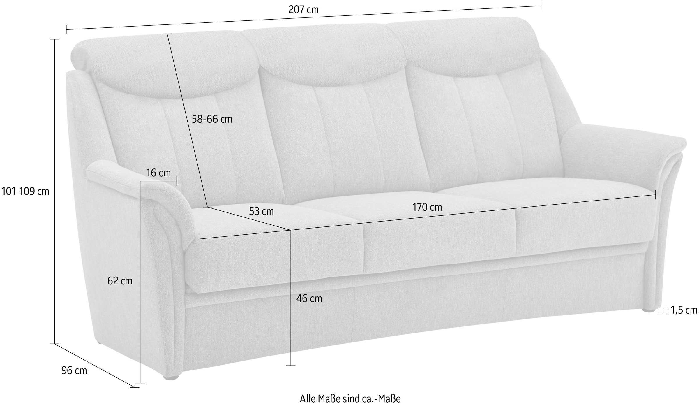 VILLA BECK 3-Sitzer »Lugano«, (1 St.), inklusive Kopfteilverstellung, in Sitzhöhe 46 cm