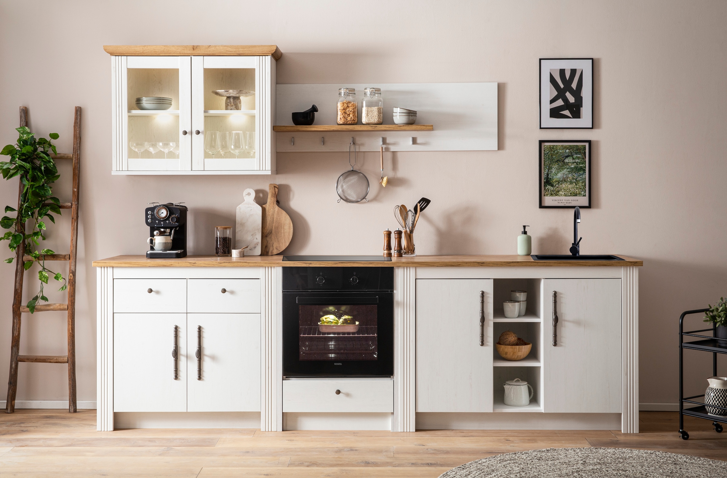 KOCHSTATION Küchenzeile »KS-Westminster, Pantryküche im Landhaus Stil, hochwertige Metallgriffe«, (Set), Breite 294 cm, Kommoden, Wandpaneel, Hängeschrank, Herdumbau