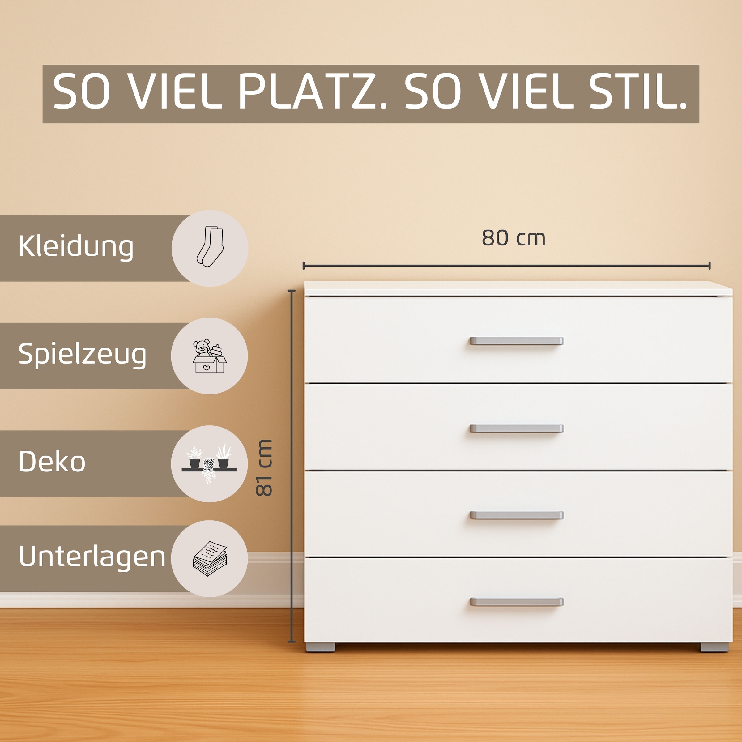 rauch Schubkastenkommode »Sideboard Kommode Schubkastenkommode KOLUNA mit Glasfront«, (Breite 80 cm inkl. Soft-Close-Funktion), vier große und geräumige Schubladen mit viel Stauraum MADE IN GERMANY