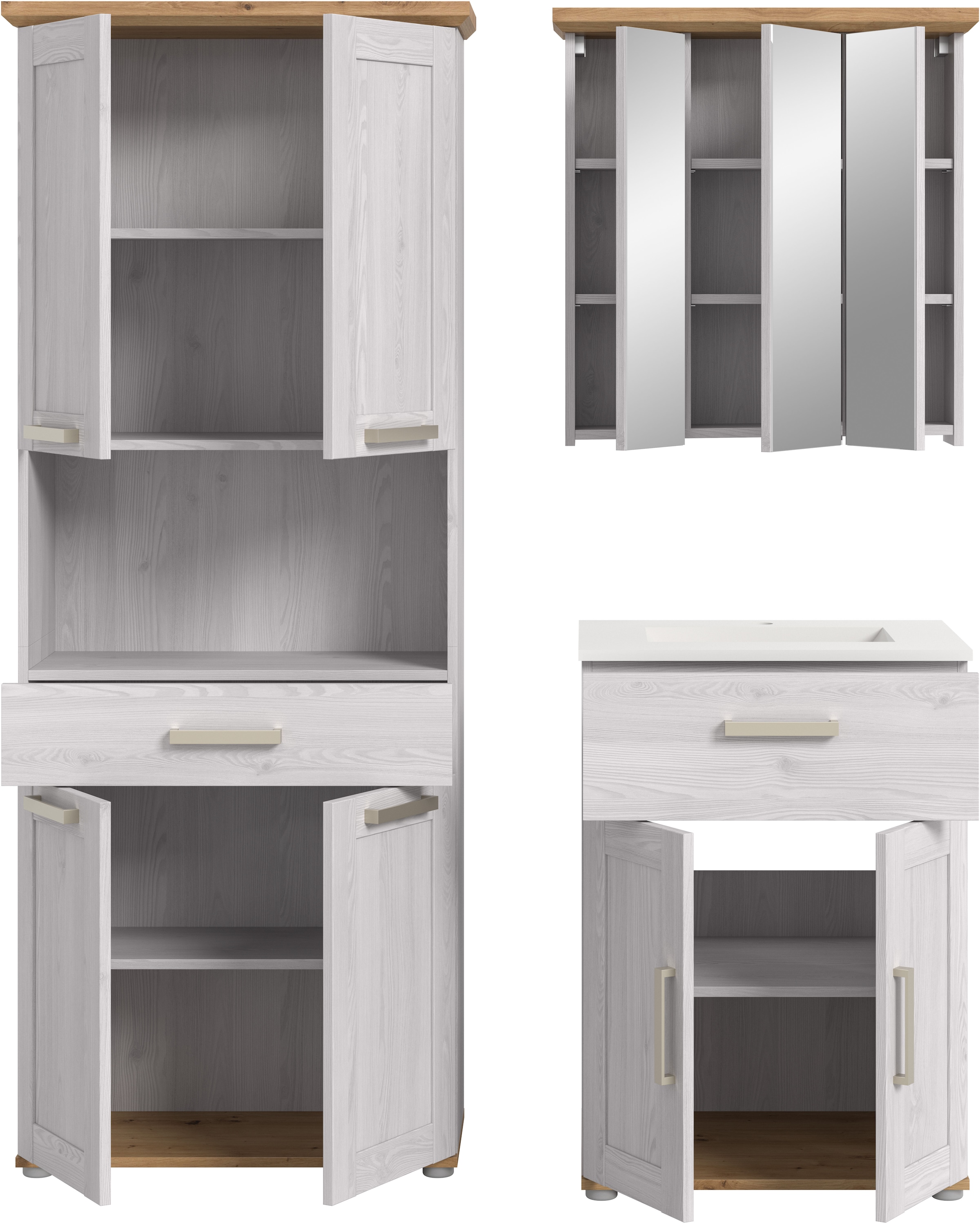 welltime Badmöbel-Set »COSENZA, 3-teilig, in Landhausoptik, mit farblich abgesetztem Kranz« best.aus: Hochschrank, Waschtisch inkl. Waschbecken & Spiegelschrank, 3 Stk. tlg.