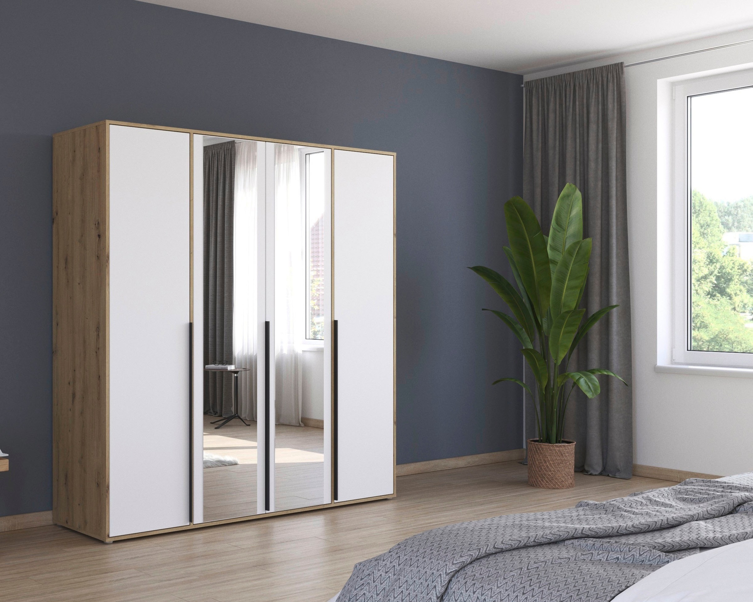 rauch Drehtürenschrank »Kleiderschrank Schrank Garderobe Wäscheschrank NAGATA mit Spiegel«, (in 3 verschiedenen Ausstattungen BASIC/CLASSIC/PREMIUM), und modernen Stangengriffen in Graumetallic TOPSELLER MADE IN GERMANY