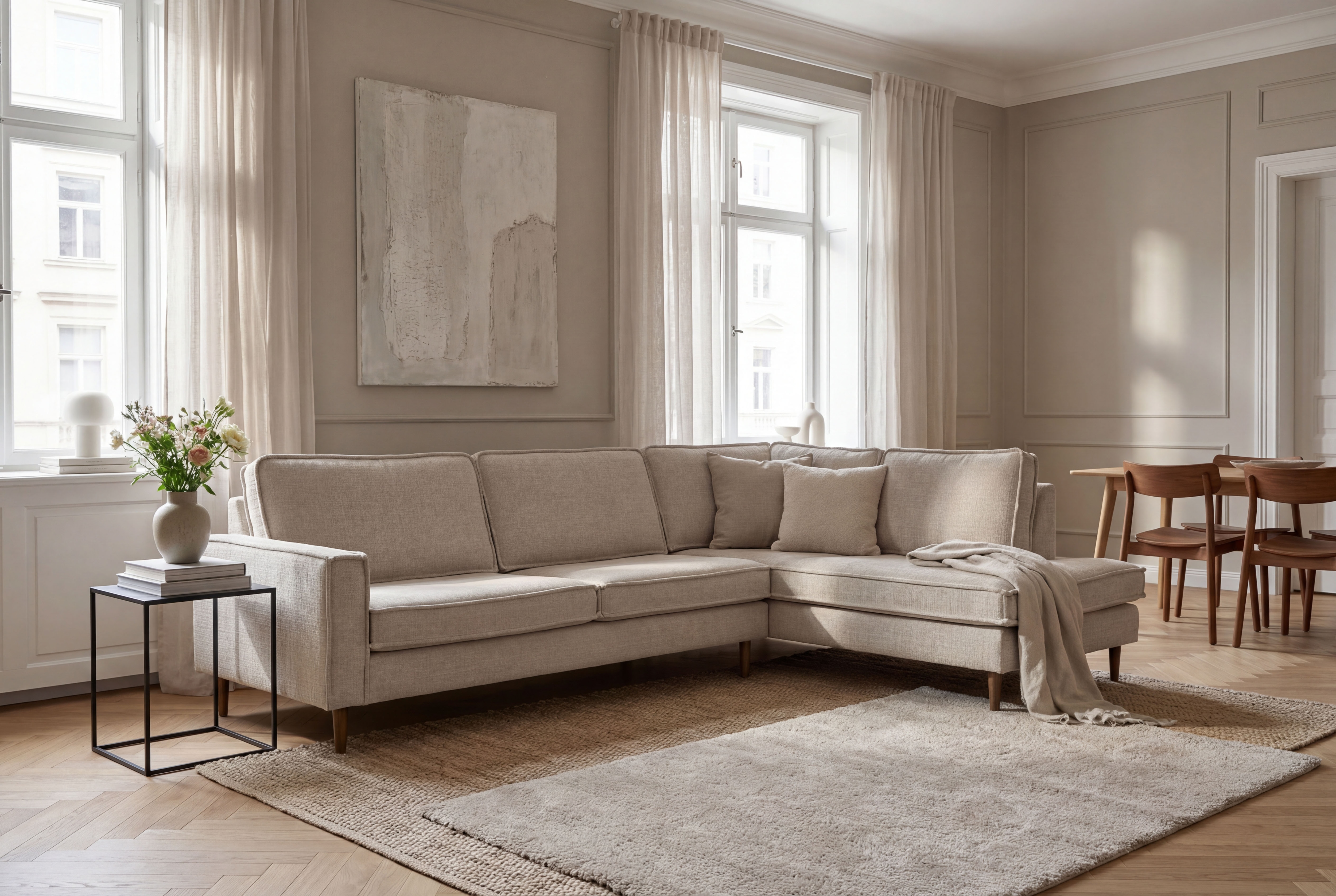 OTTO home Ecksofa "Pinto Skandi, 290 cm, Chenille, Struktur, Ottomane links / rechts" mit Keder, Massivholzfüße Eiche geräuchert, Wellenunterfederung